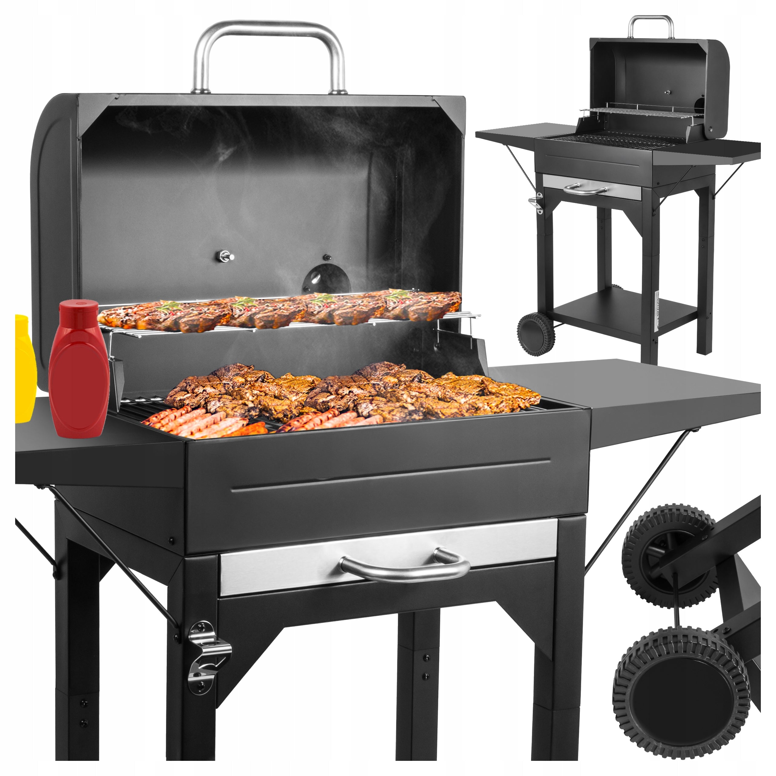 BBQ Charcoal Grill with Lid Thermometer Wheels Ashtray 2 Grates Packaging status original
