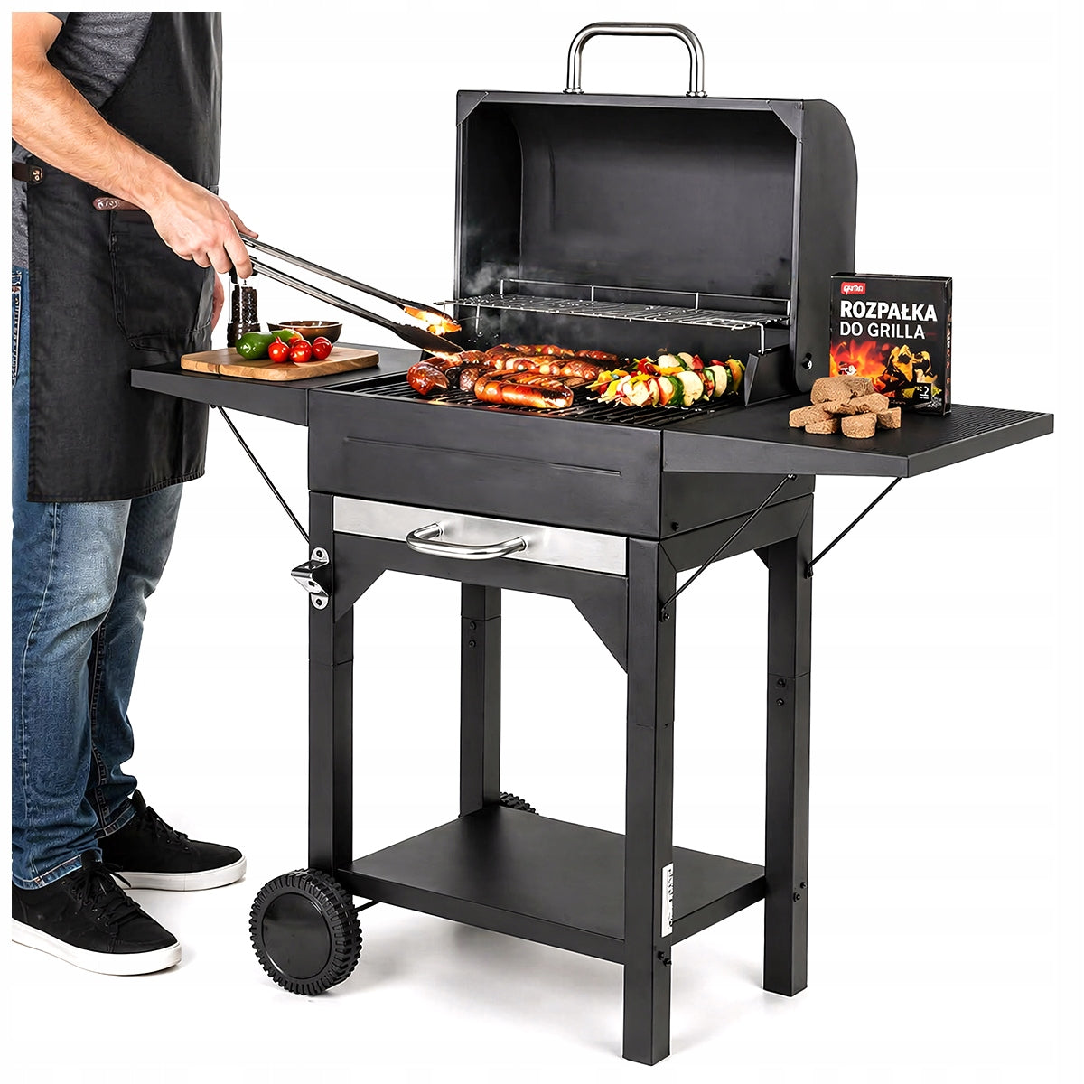 BBQ Charcoal Grill with Lid Thermometer Wheels Ashtray 2 Grates