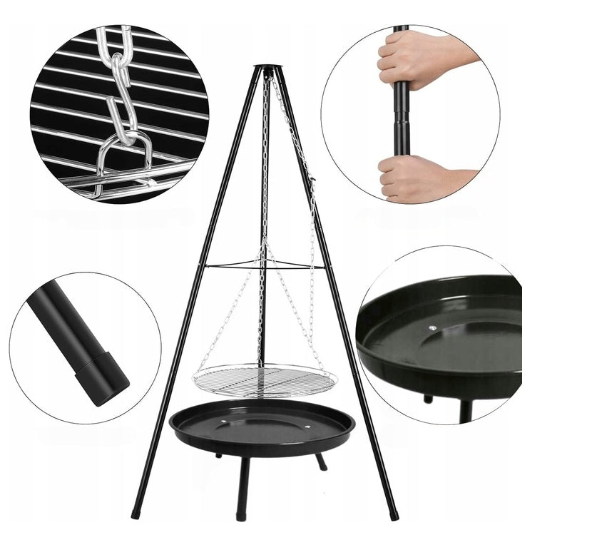 BBQ TRIPOD HANGING GARDEN FIRE PIT LARGE WITH GRATE 50 CM Grate length 46 cm