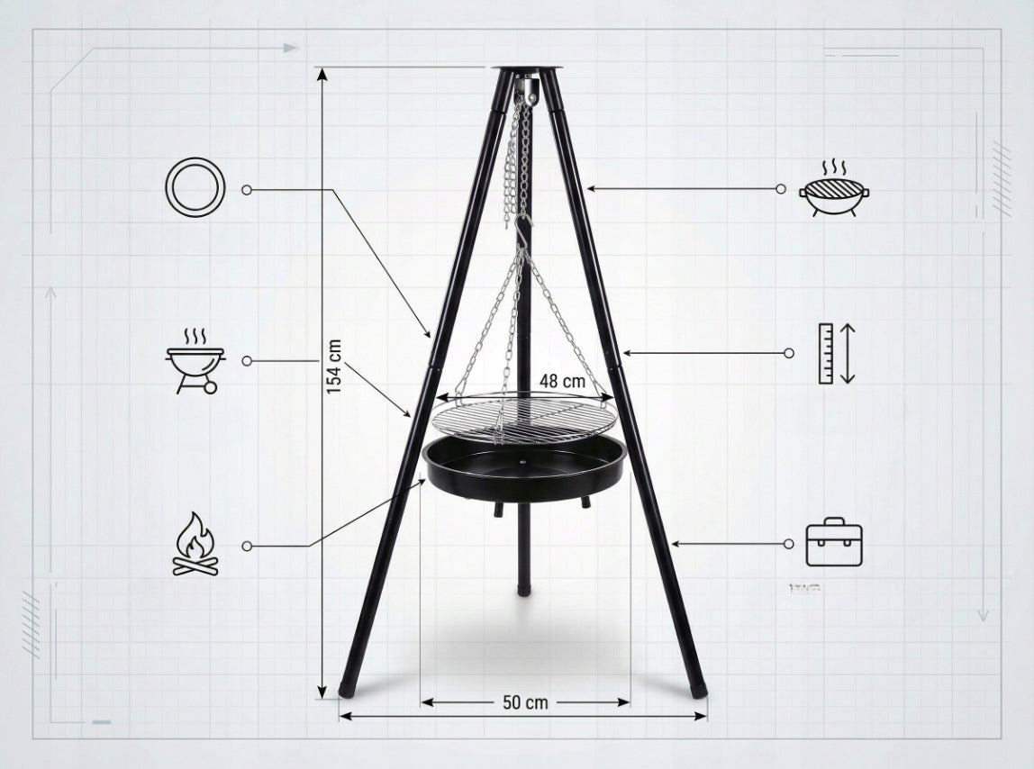 BBQ TRIPOD HANGING GARDEN FIRE PIT LARGE WITH GRATE 50 CM Grill depth 80 cm