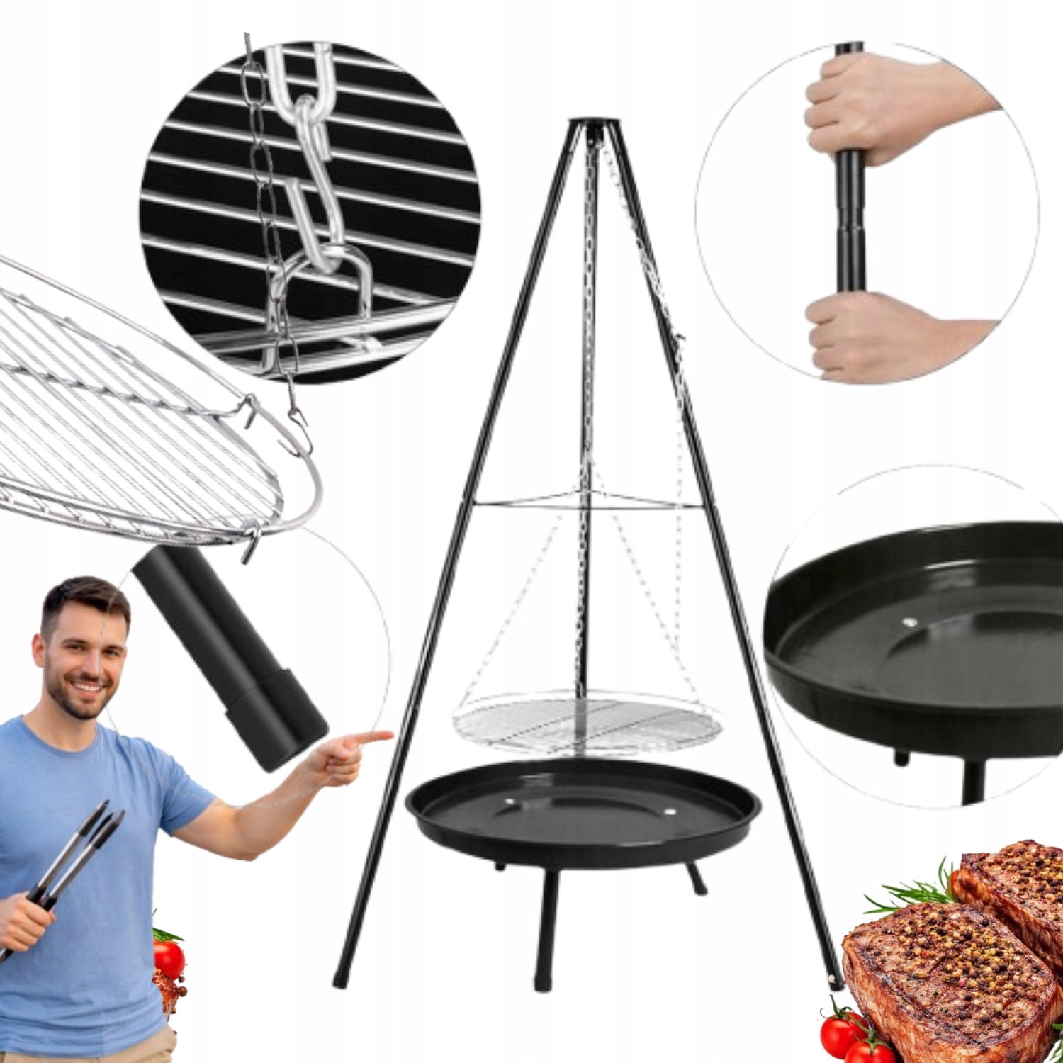 BBQ TRIPOD HANGING GARDEN FIRE PIT LARGE WITH GRATE 50 CM