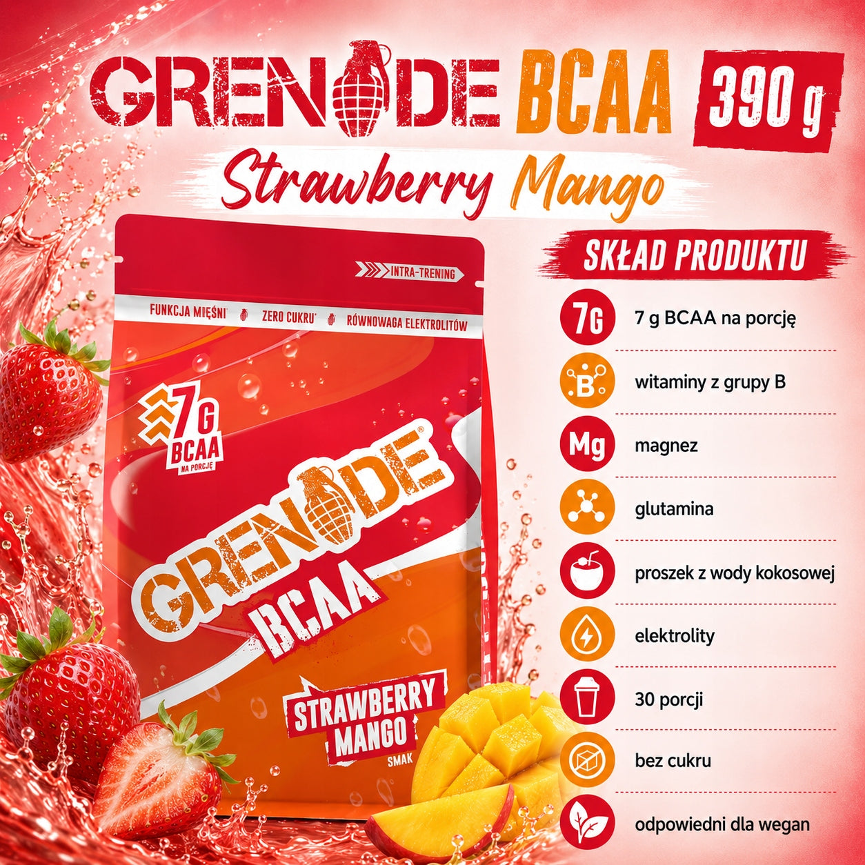 BCAA Grenade Strawberry 390 g branched for regeneration Expiration date at least 3 months from the date of purchase