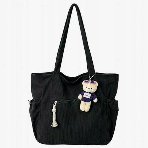 BEACH BAG CORDUROY WOMEN BLACK 3 POCKETS 35X30CM for home