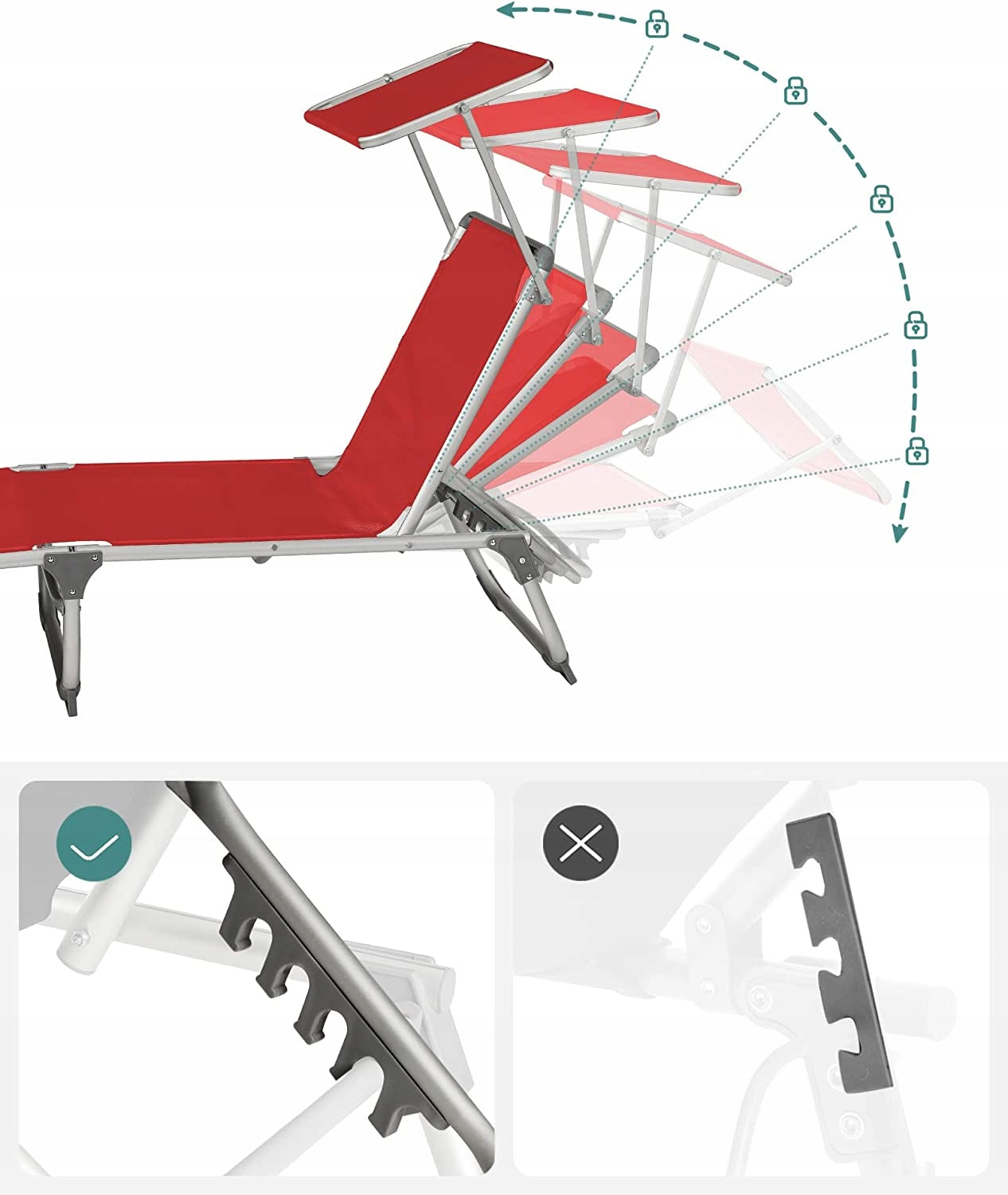 BEACH CHAIR LIGHT WITH ROOF PORTABLE FOR POOL GARDEN Color red