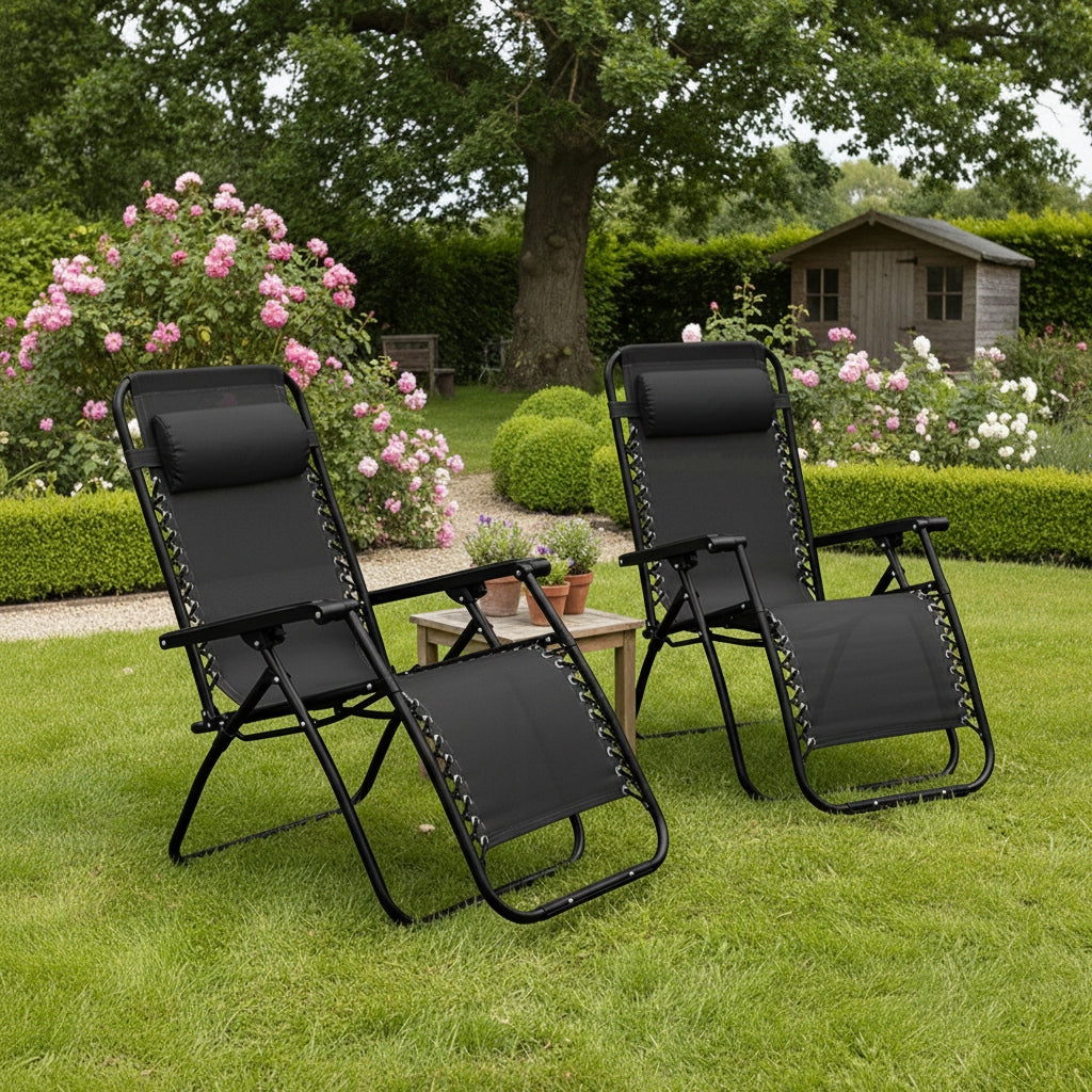 BEACH CHAIR ZERO GRAVITY - FOLDING CHAIR WITH PILLOW -BLACK Brand Meblowe Love