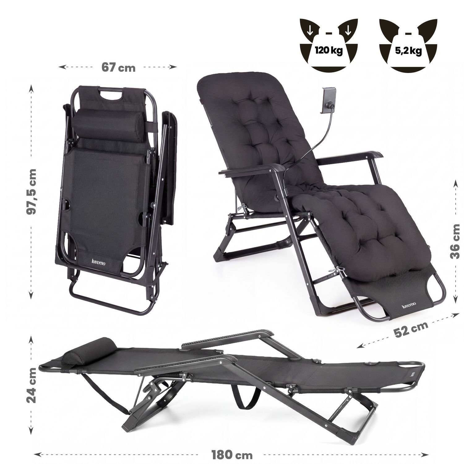 BEACH LOUNGER FOLDING ADJUSTABLE WITH SOFT MATTRESS AND HANDLE Frame material steel