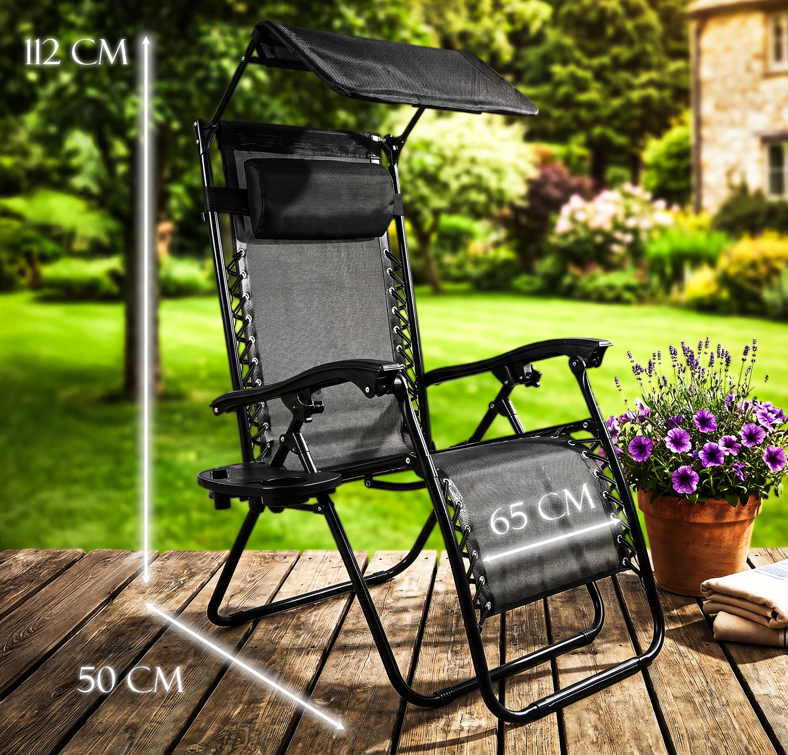 BEACH LOUNGER FOLDING + CANOPY TABLE Convenient for Terrace to Garden Color black