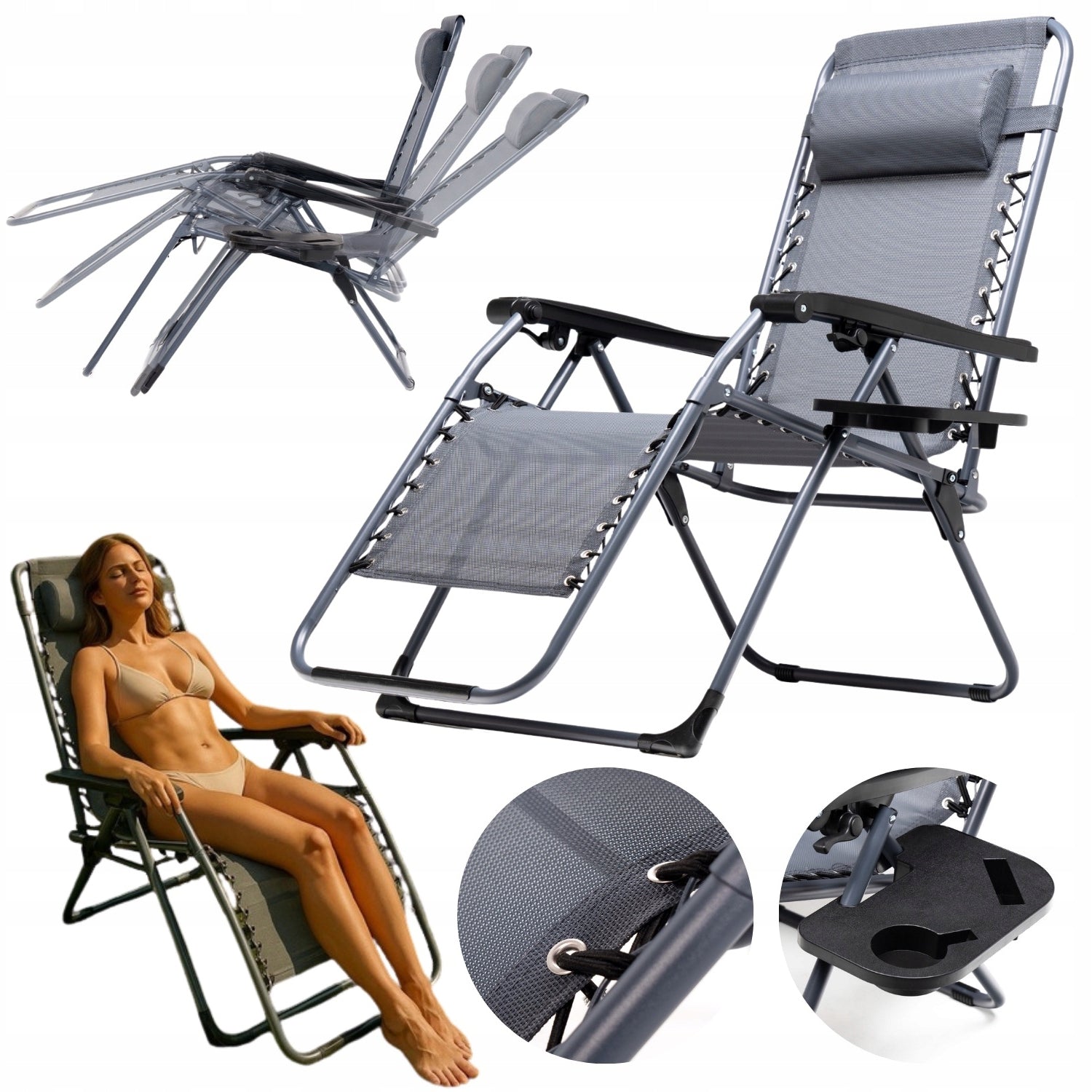 BEACH LOUNGER FOLDING GREY CUSHION DRINK HOLDER ZERO GRAVITY