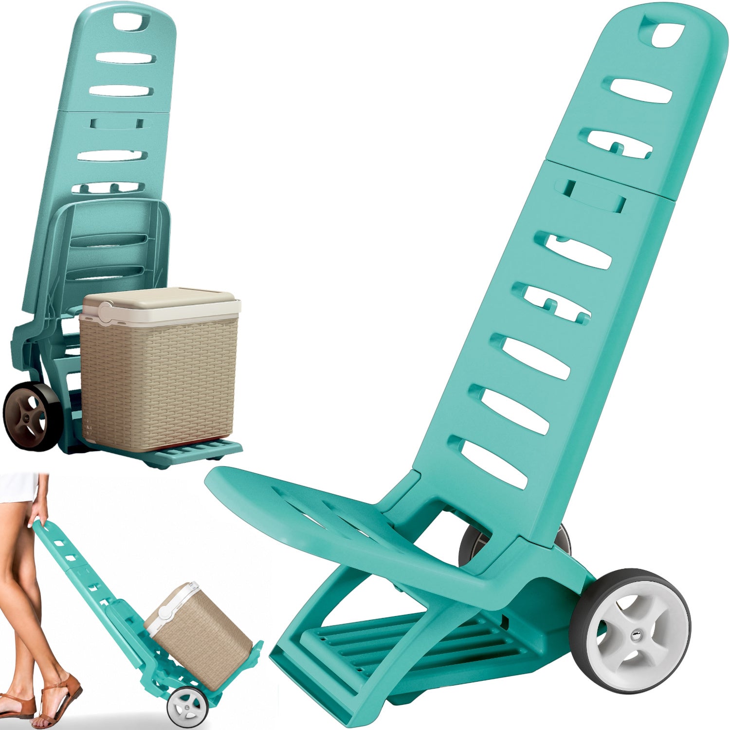BEACH LOUNGER GARDEN ON WHEELS CHAIR FOLDING TRANSPORT TROLLEY 2in1