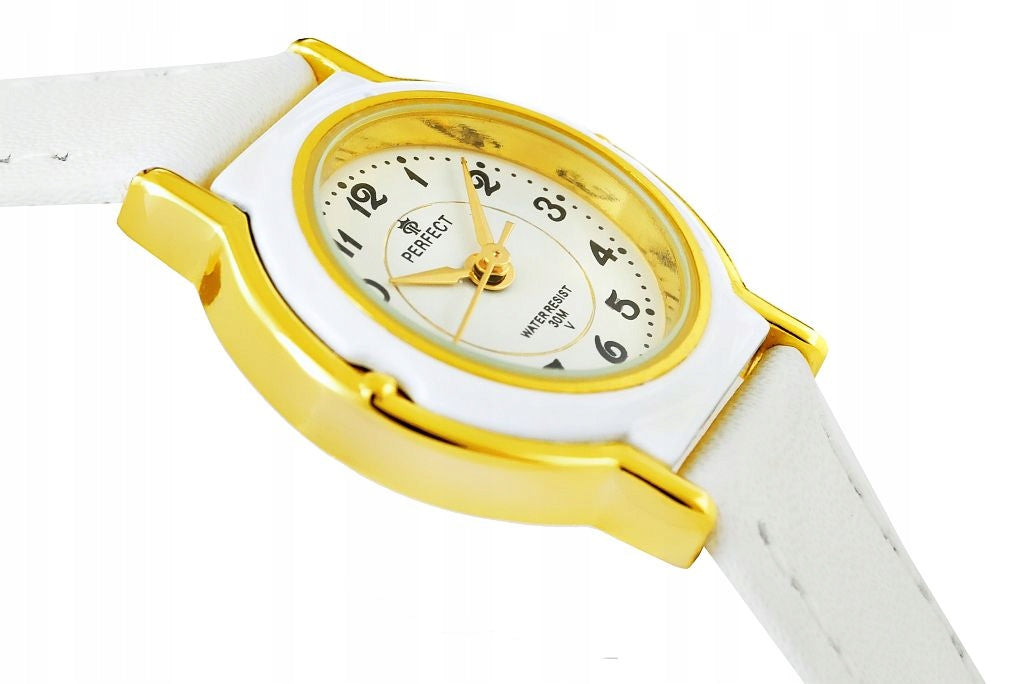 BEAUTIFUL CHILDREN'S WATCH - PERFECT - GOLD CASE -WHITE STRAP Batteries included yes