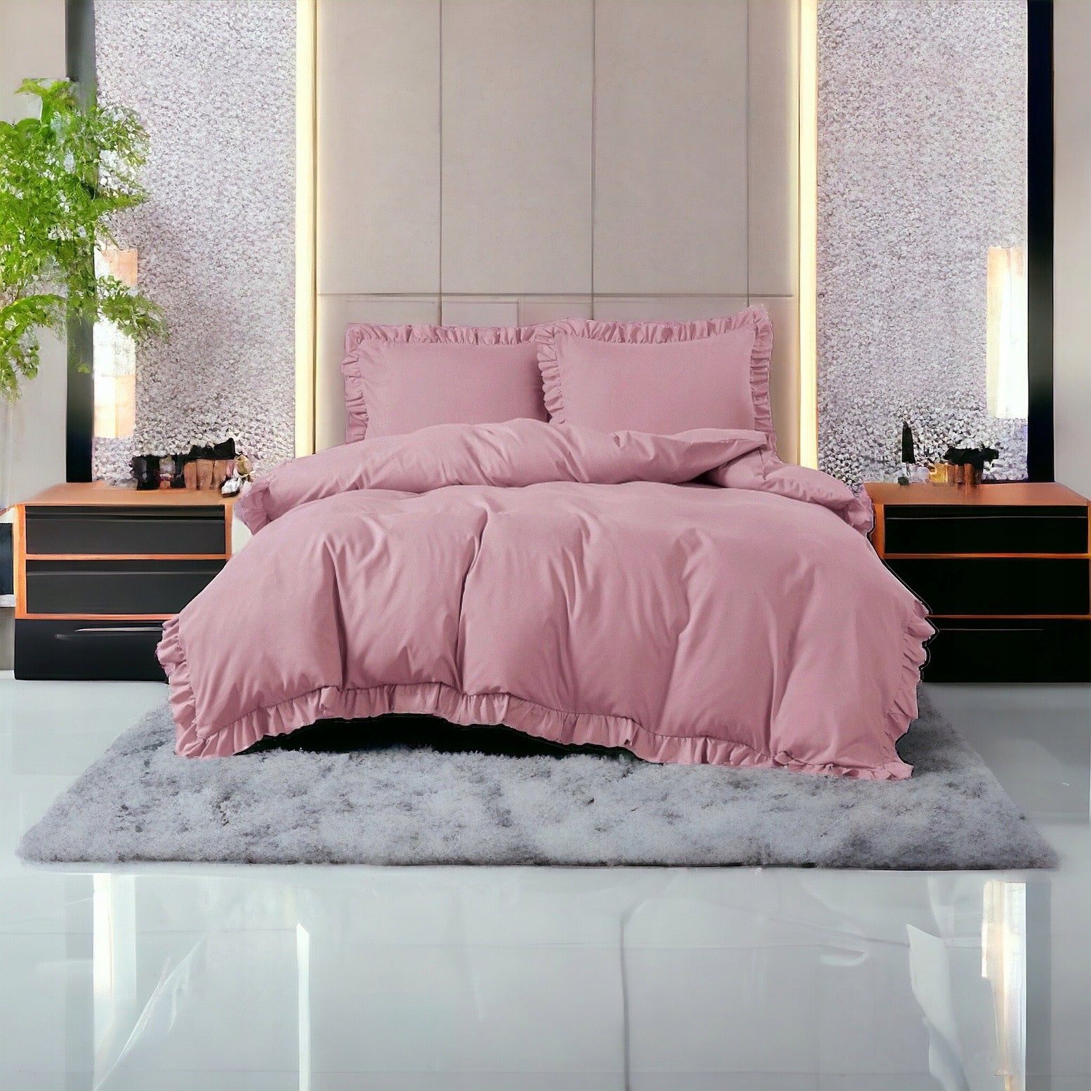BEDDING SET WITH FRILL 220X200 UNIFORM +2X70X80 ELEGANT POWDER PINK Manufacturer code Pościel z falbanką 220x200 pudrowy róż