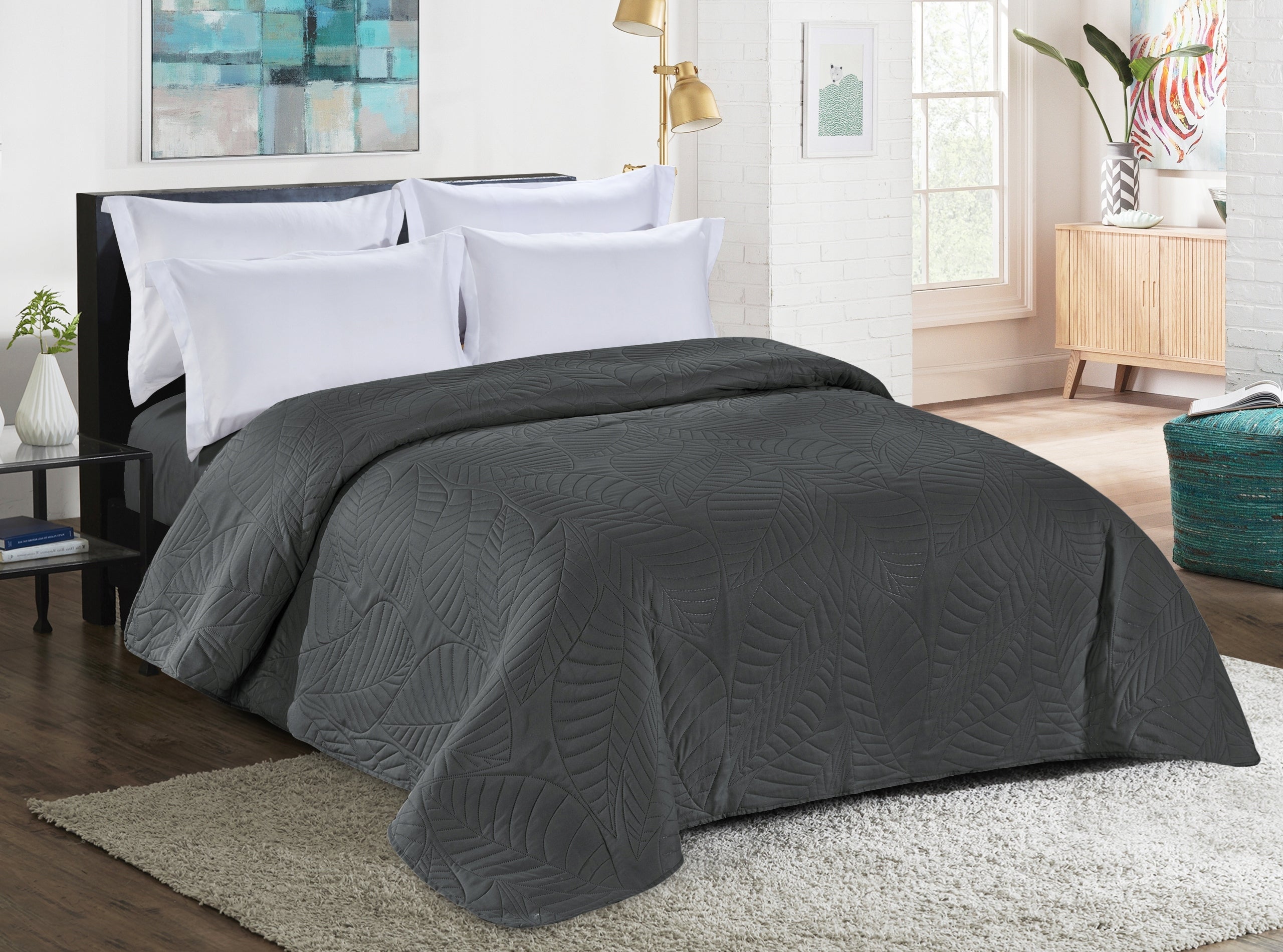BEDSPREAD 200x220 DOUBLE SIDED QUILTED CAPE LEAVES Brand Cotton world