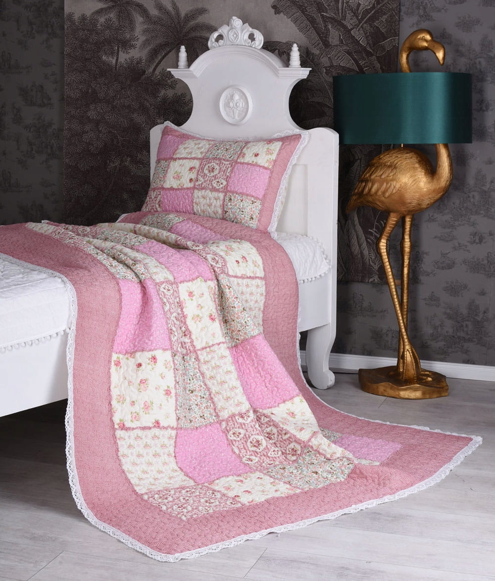 BEDSPREAD COTTON BLANKET Antyki24 with Lace Pink Beige Retro 150x200cm Brand Antyki24