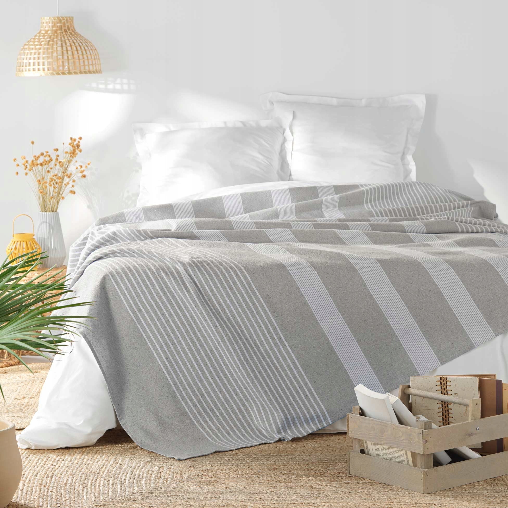 BEDSPREAD COUCH COTTON STRIPED BLANKET GREY 180 x 220 cm Brand Douceur d'intérieur