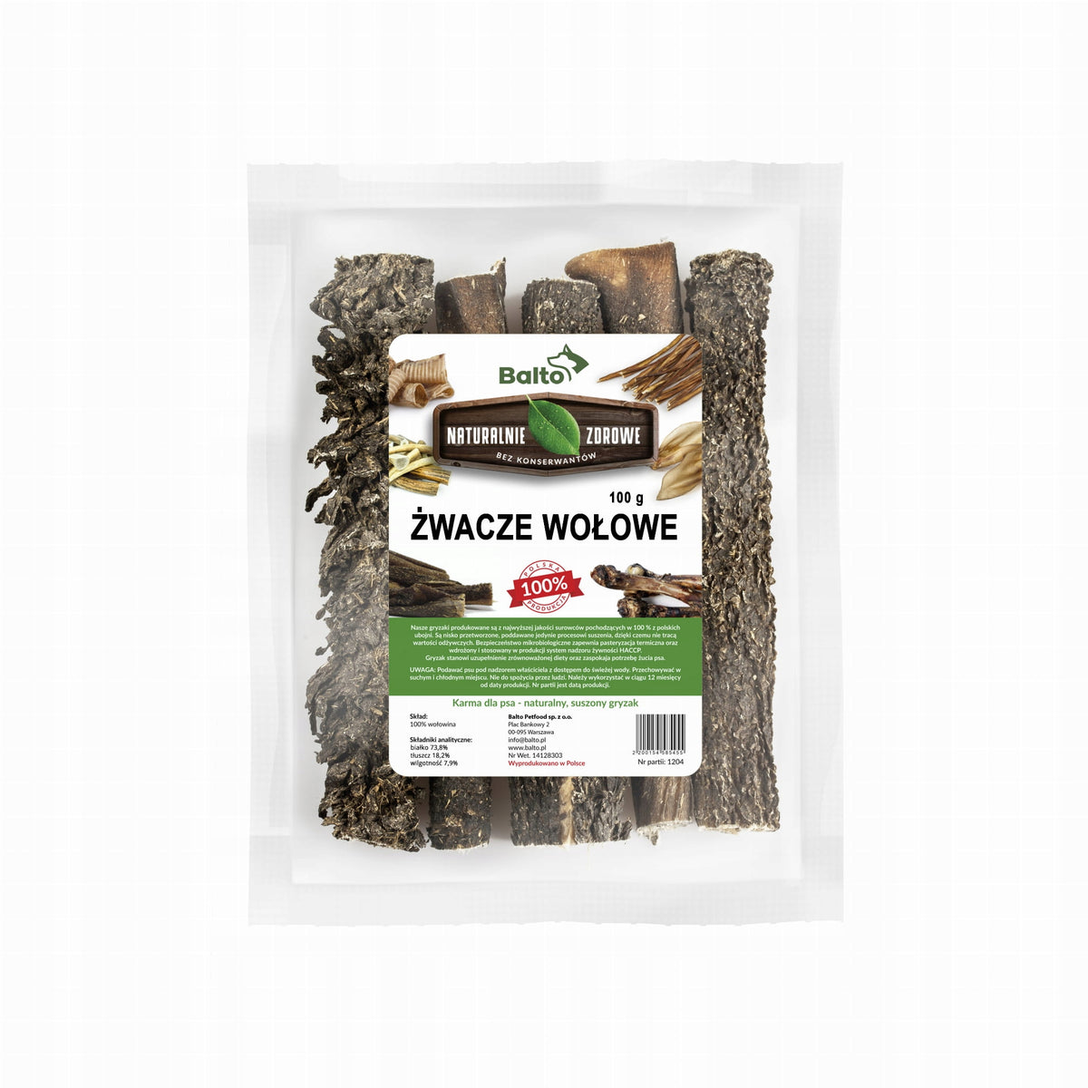 BEEF RUMENS DRIED NATURAL DOG TREAT FOR DIGESTION Balto op 100g Packaging status original