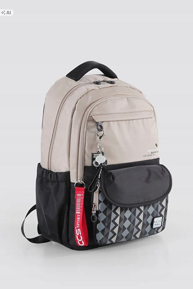 BEIGE CITY BACKPACK WITH ACCESSORIES AND GEOMETRIC PATTERN 5IA Brand no brand