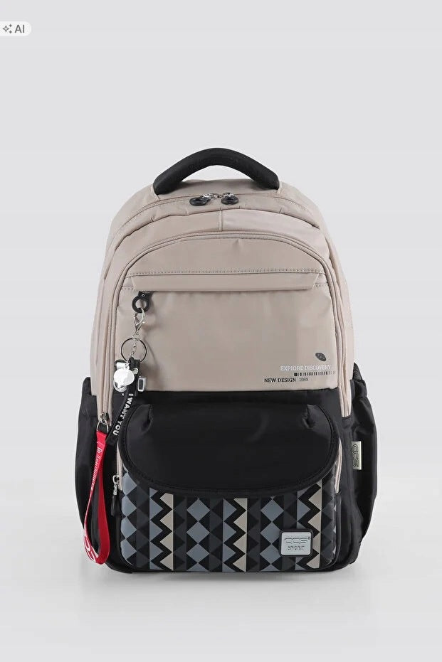 BEIGE CITY BACKPACK WITH ACCESSORIES AND GEOMETRIC PATTERN 5IA