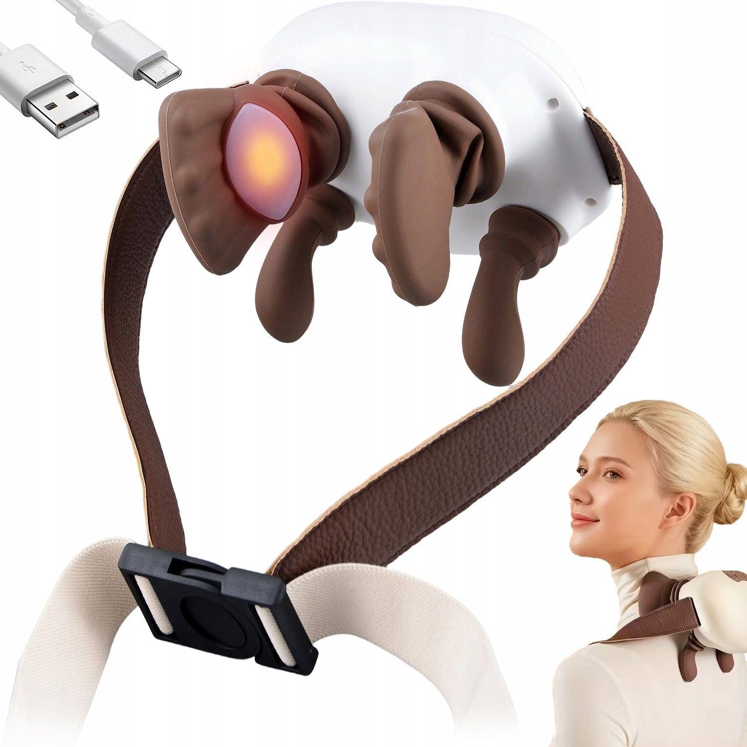 BEIGE WIRELESS NECK AND SHOULDER MASSAGER WITH HEATING AND USB-C CABLE
