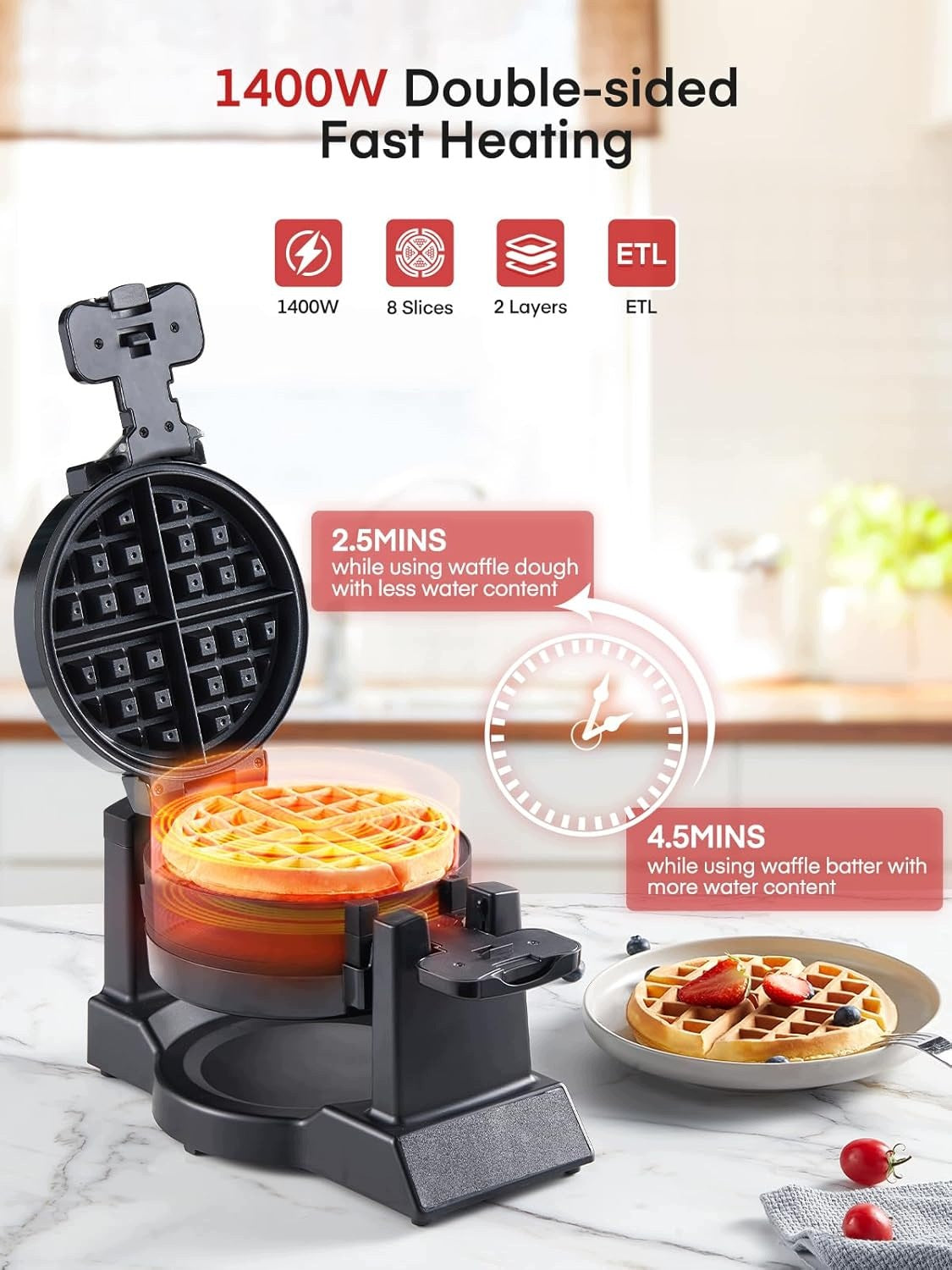 BELGIAN WAFFLE MAKER 1400W DOUBLE ROTATION 180° 8 SLICES IN 3 MIN Packaging status original