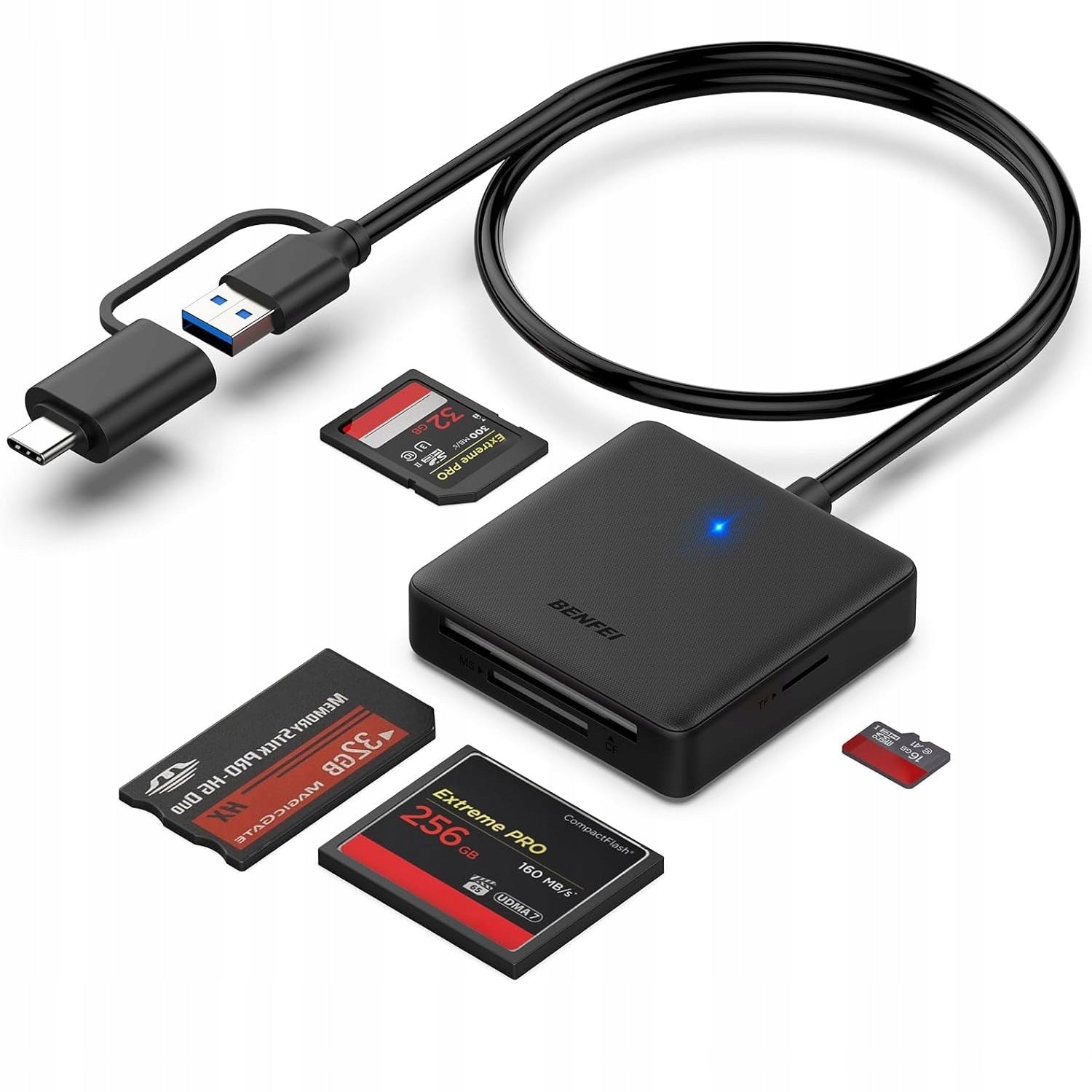 BENFEI 4in1 USB-C-USB-A 3.0 to SD Micro SD MS CF card reader black