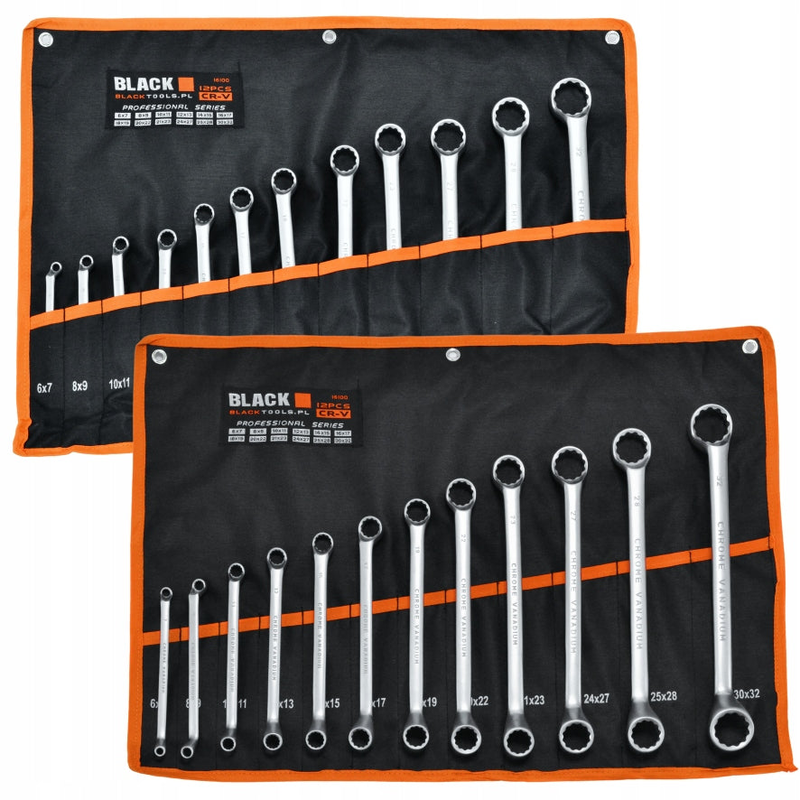 BENT RING WRENCHES 6-32MM 12pcs BLACK THICK BLACK DOUBLE POUCH 10 YEARS GU. Brand Black