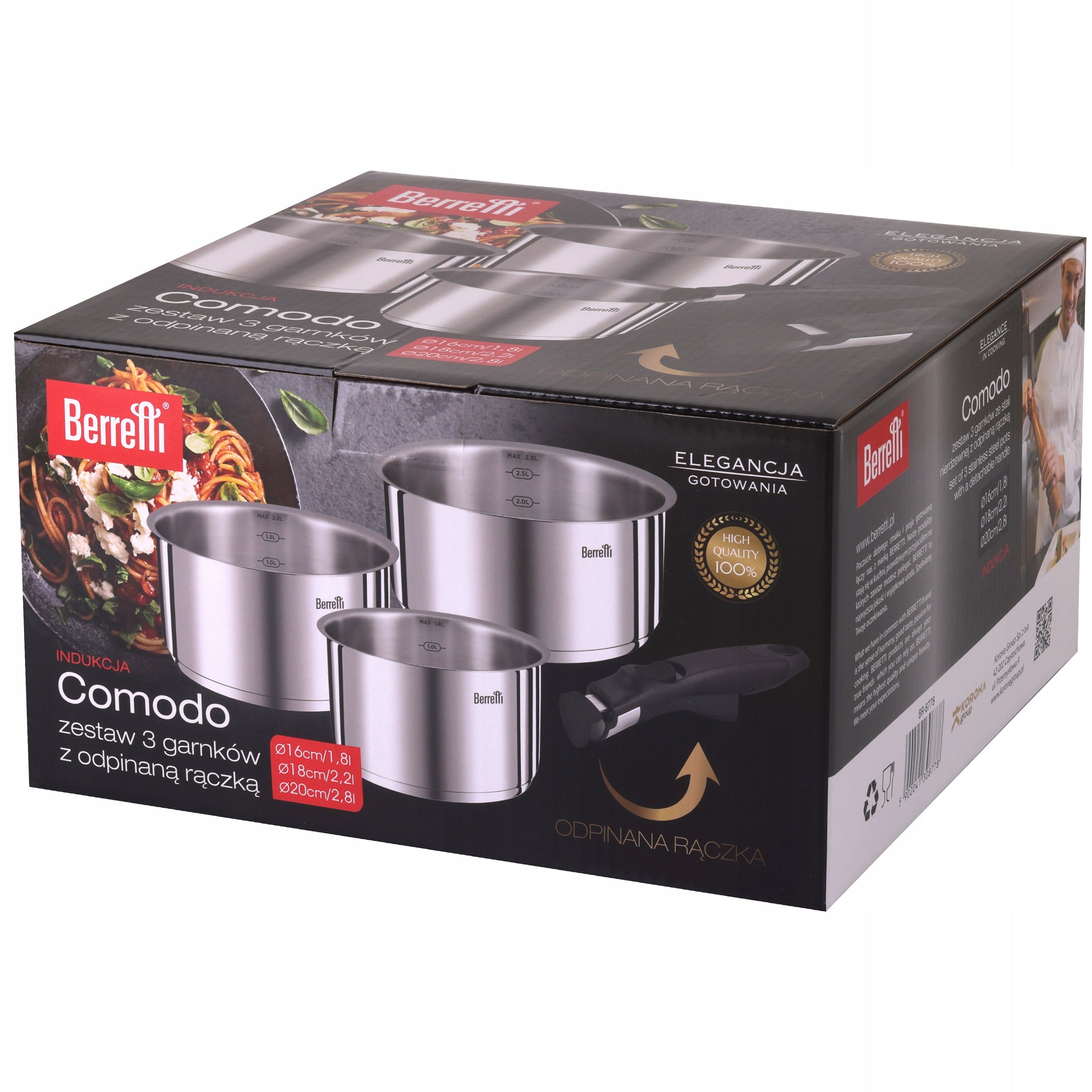BERRETTI SET OF POTS WITH DETACHABLE HANDLE + LIDS COMODO 6el. 16/18/20cm Coating type non-stick