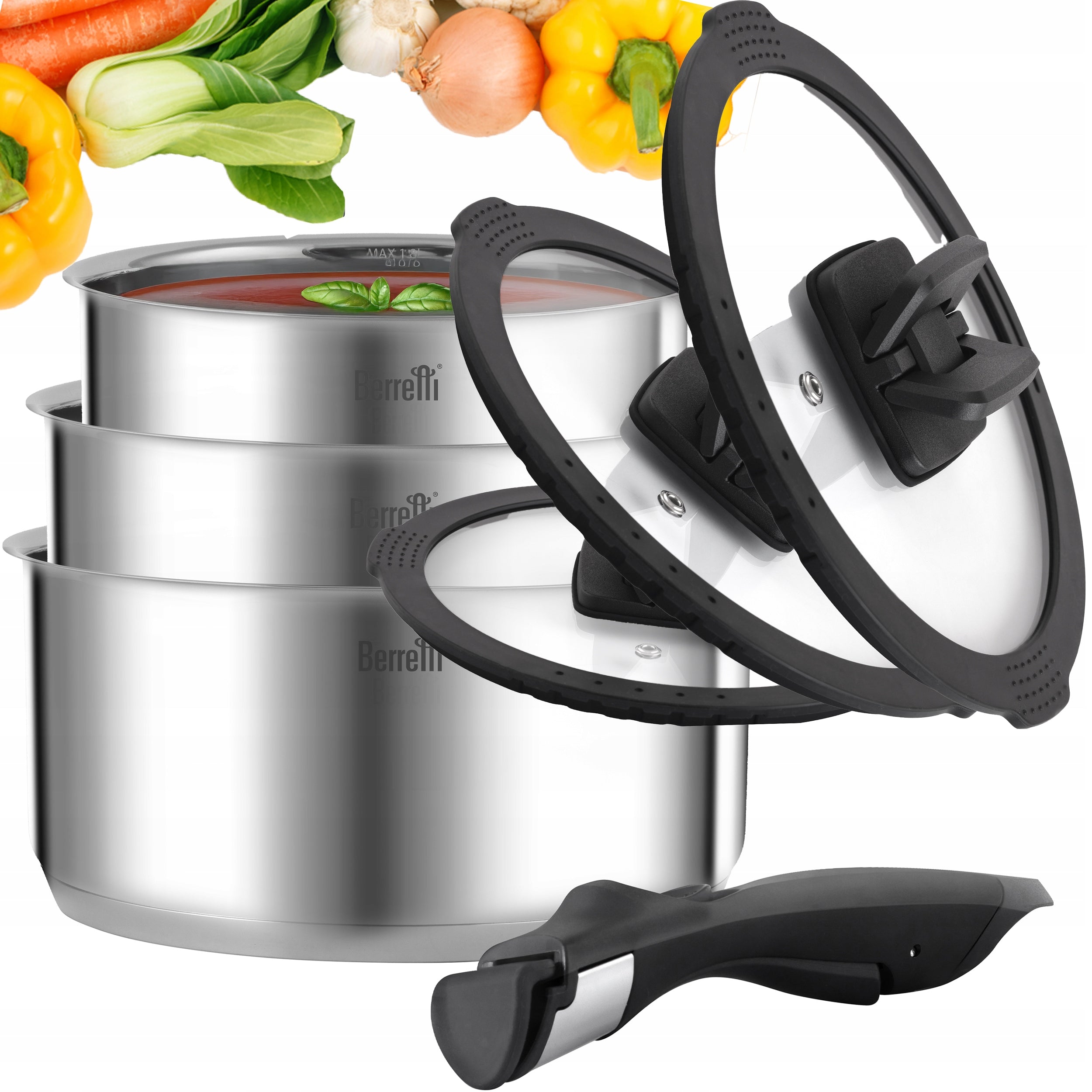 BERRETTI SET OF POTS WITH DETACHABLE HANDLE + LIDS COMODO 6el. 16/18/20cm