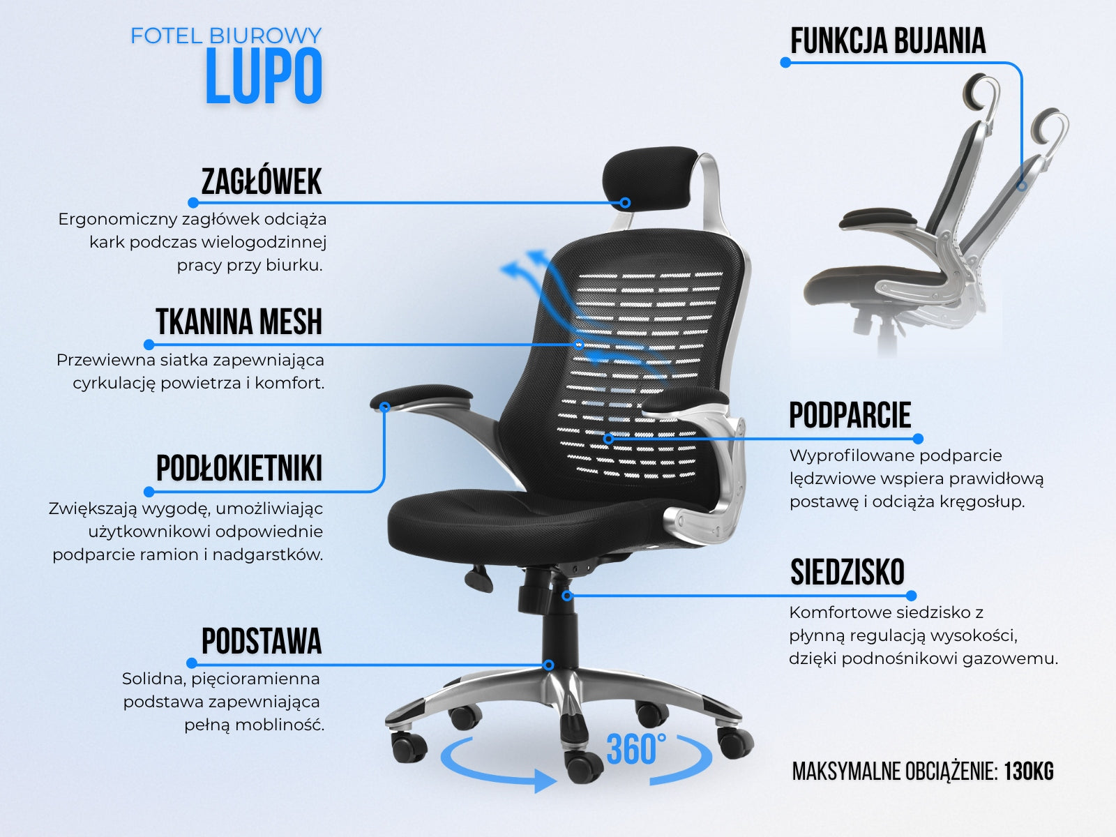 BESTSELLER ERGONOMIC OFFICE CHAIR MADE OF MESH FABRIC LUPO BLACK AND SILVER Packaging status original
