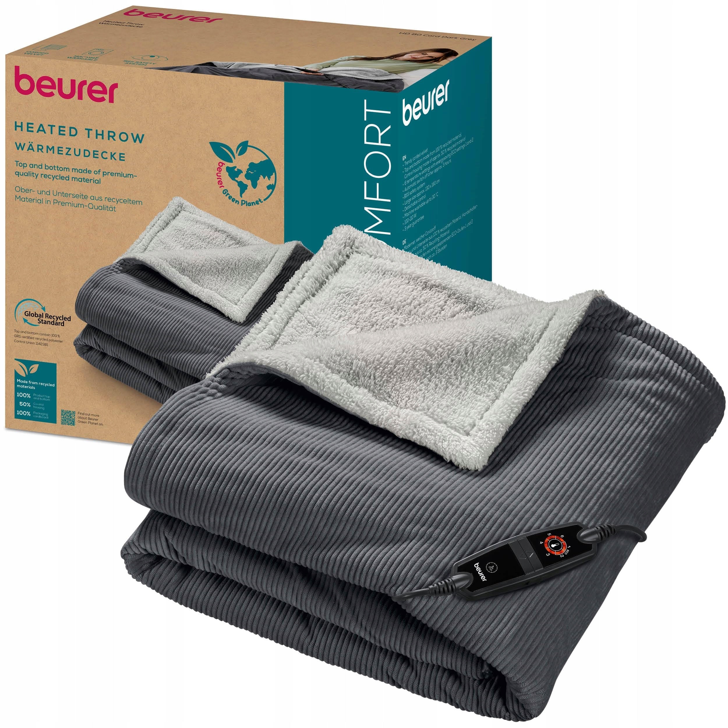 BEURER HD 80 Grey Electric Heating Blanket 6 Temperatures Eco Materials