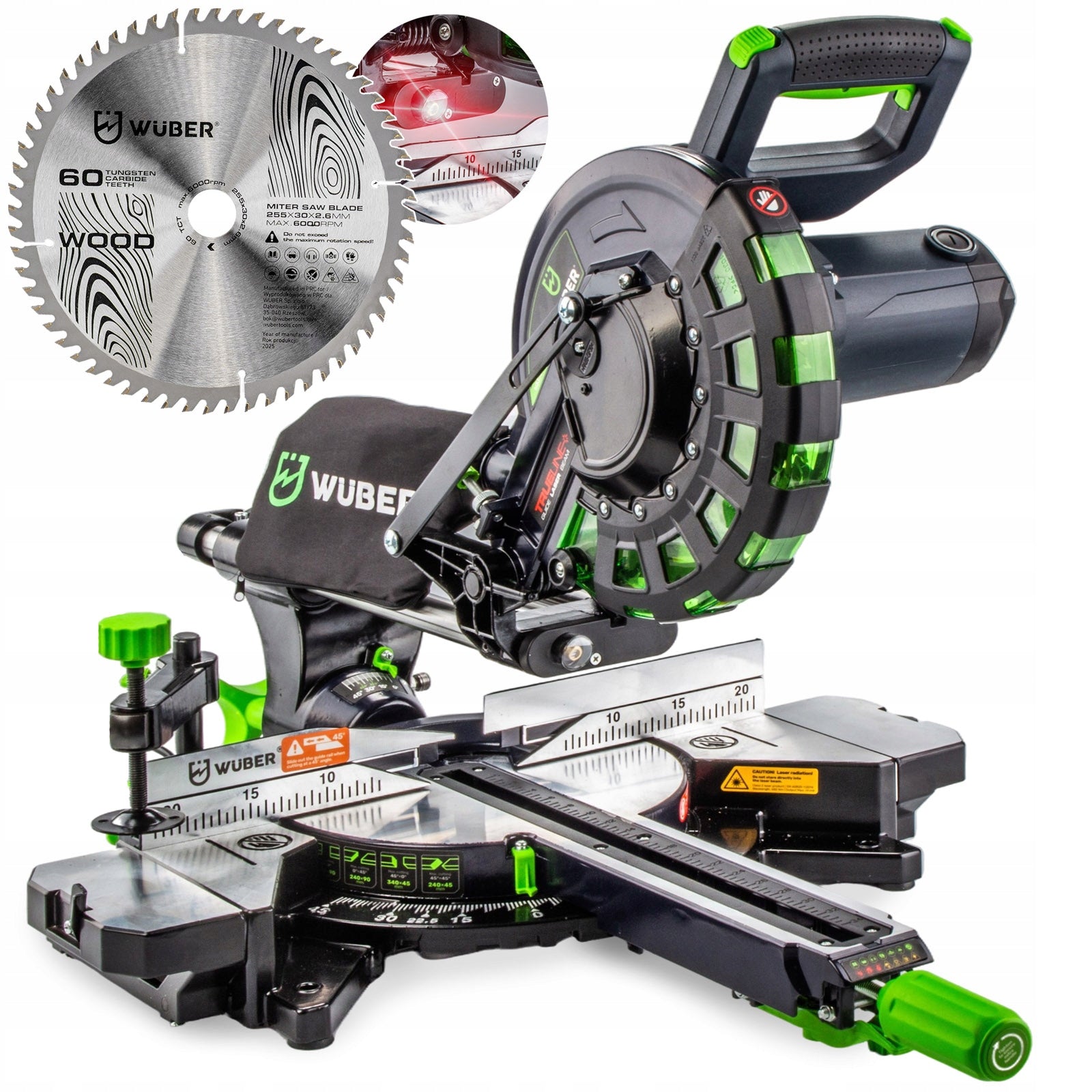 BEVEL SAW WITH FEED SLASH FOR WOOD 2000W + LASER + DISC 255MM 60T