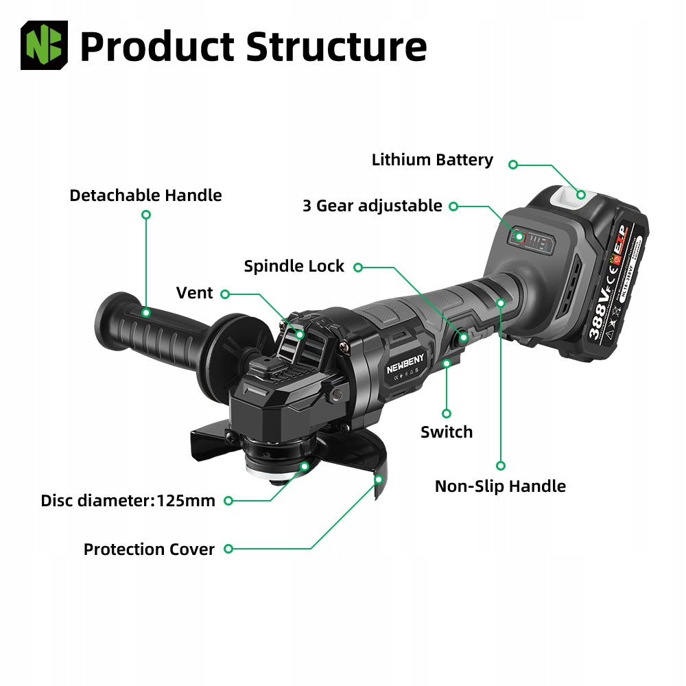 BEZSZCZOTKOWA Szlifierka kątowa 125MM KĄTÓWKA AKUMULATOROWA 1000W ZESTAW Manufacturer code sku006402_3