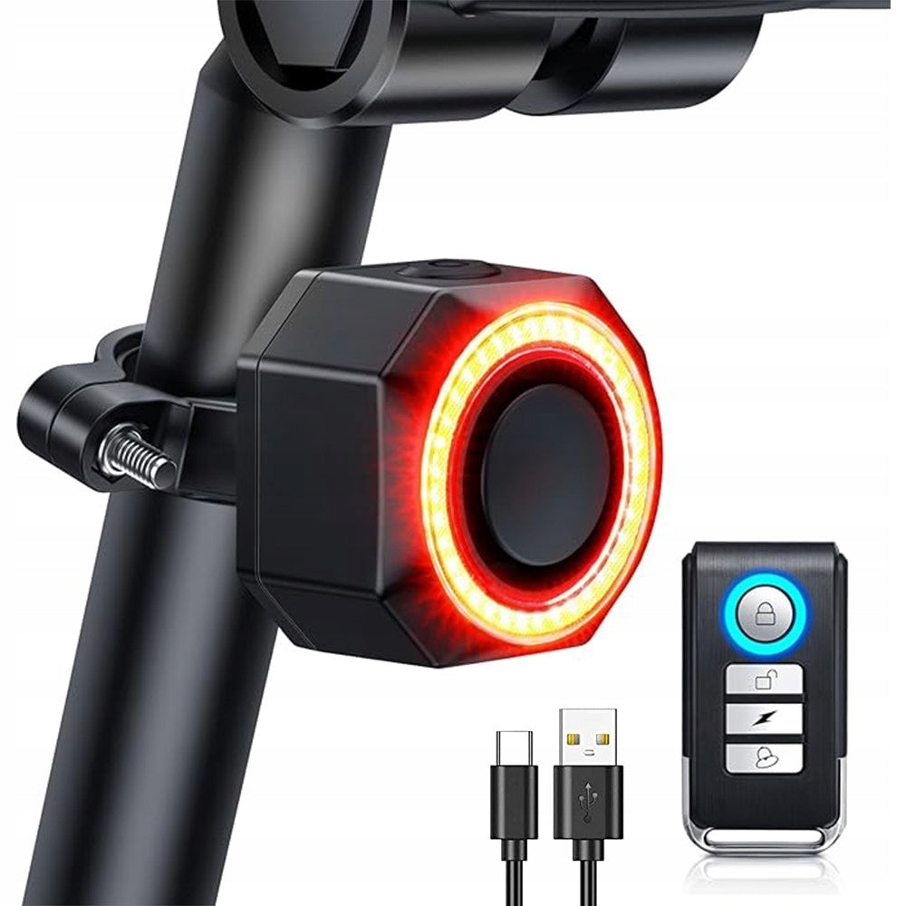 BICYCLE ALARM WIRELESS BELL 110dB + REMOTE CONTROL LED LIGHT REAR