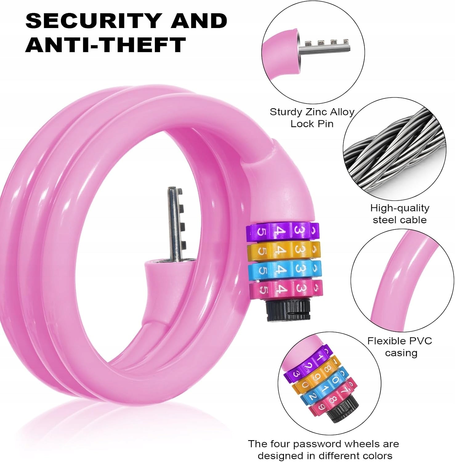 BICYCLE CLASP CABLE 65 CM COMBINATION LOCK 4-DIGIT PINK Manufacturer code 5900734799759