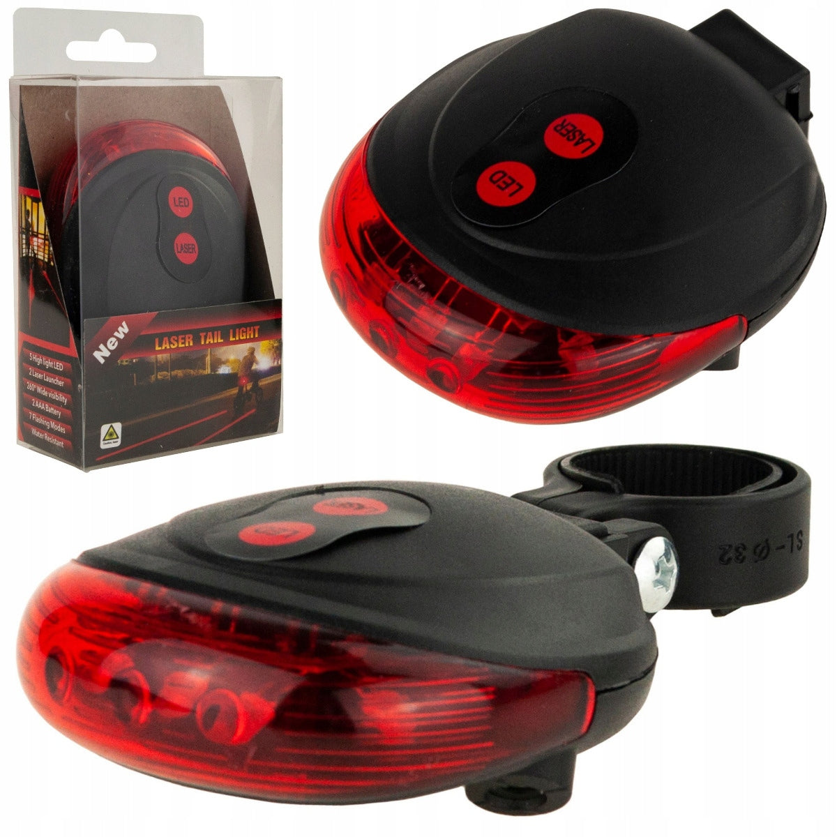 BICYCLE LIGHT 5 LED LASER REAR LASER FOR BIKE 3 LIGHT MODES Manufacturer code HH74 laserowa czerwona lampka