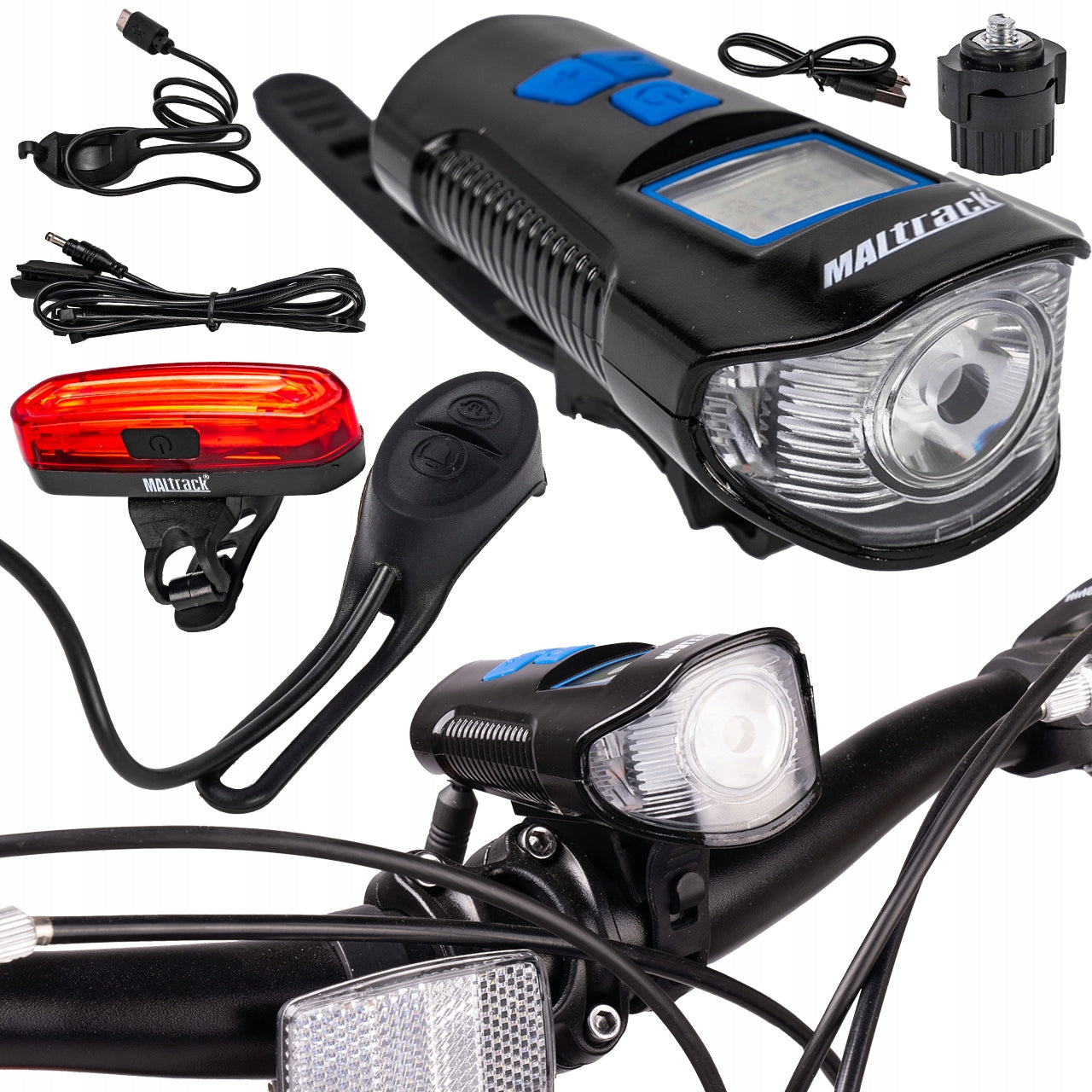 BICYCLE LIGHT BATTERY COUNTER HORN FRONT REAR FOR BIKE USB CABLE Model 110423