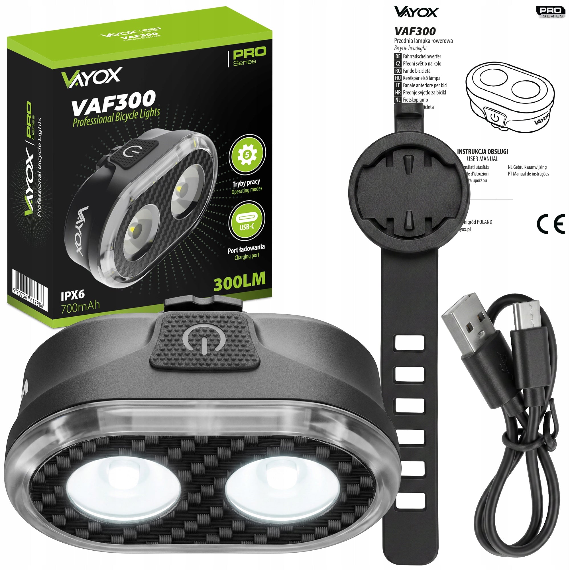 BICYCLE LIGHT FRONT LED FRONT USB BATTERY IPX6 VAYOX Light beam 300 lm