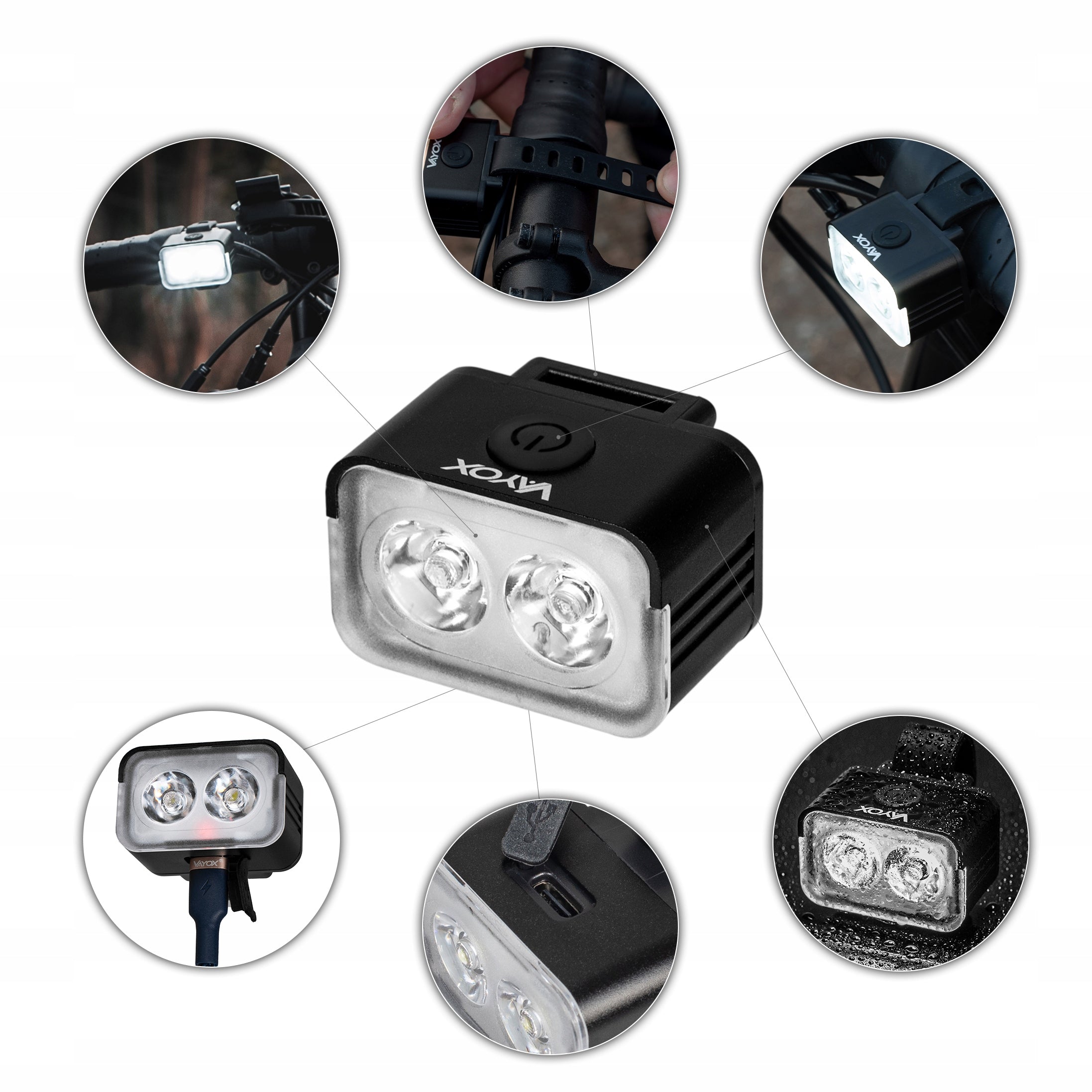 BICYCLE LIGHT FRONT LED LIGHTING FRONT USB RECHARGEABLE IPX6 VAYOX Packaging status original