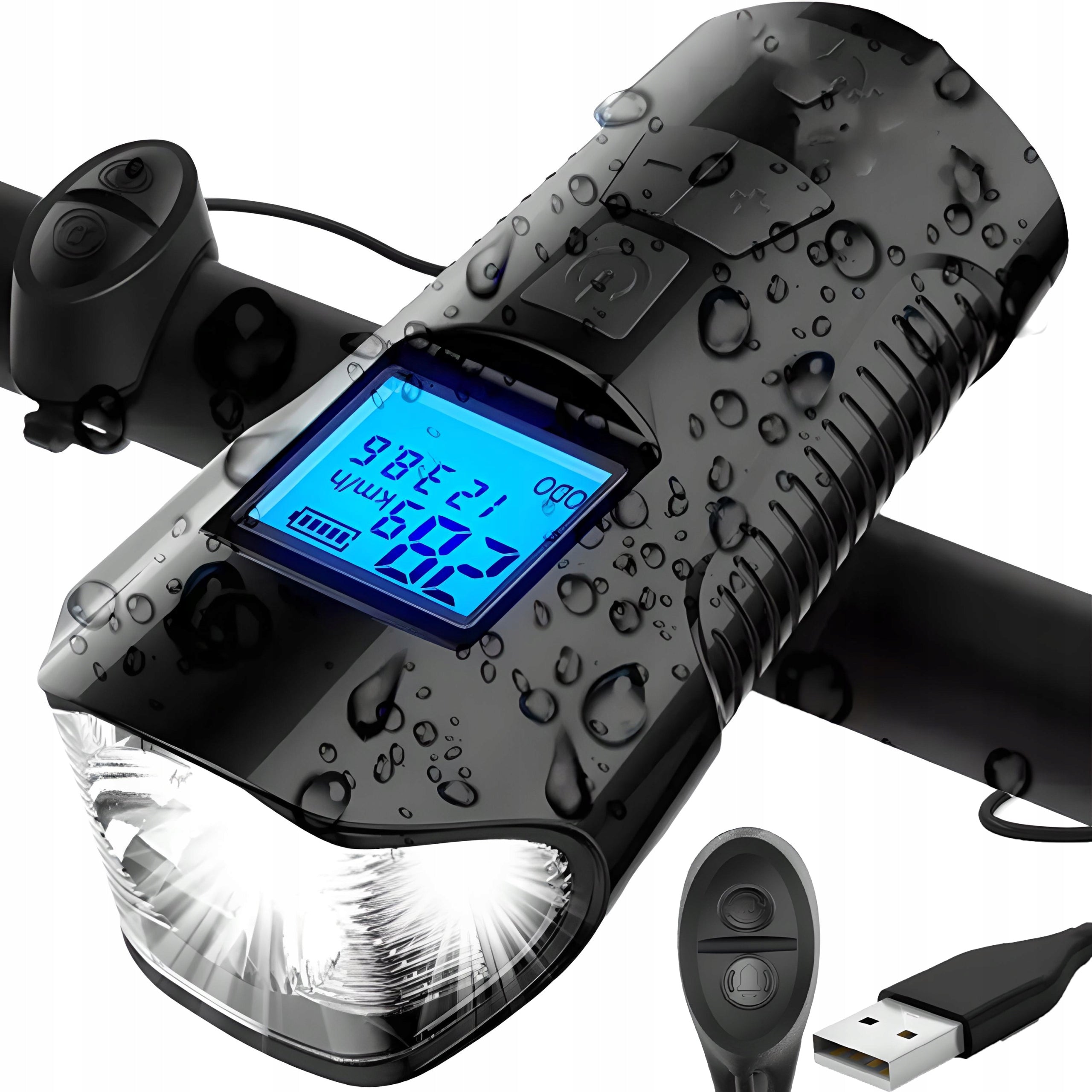 BICYCLE LIGHT FRONT LED USB WITH COUNTER MODES HORN BELL Manufacturer code Lampa LED przednia LICZNIK S092