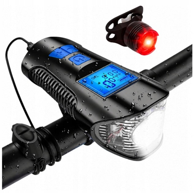 BICYCLE LIGHT FRONT REAR BICYCLE COUNTER SPEEDOMETER HORN 5IN1 LED