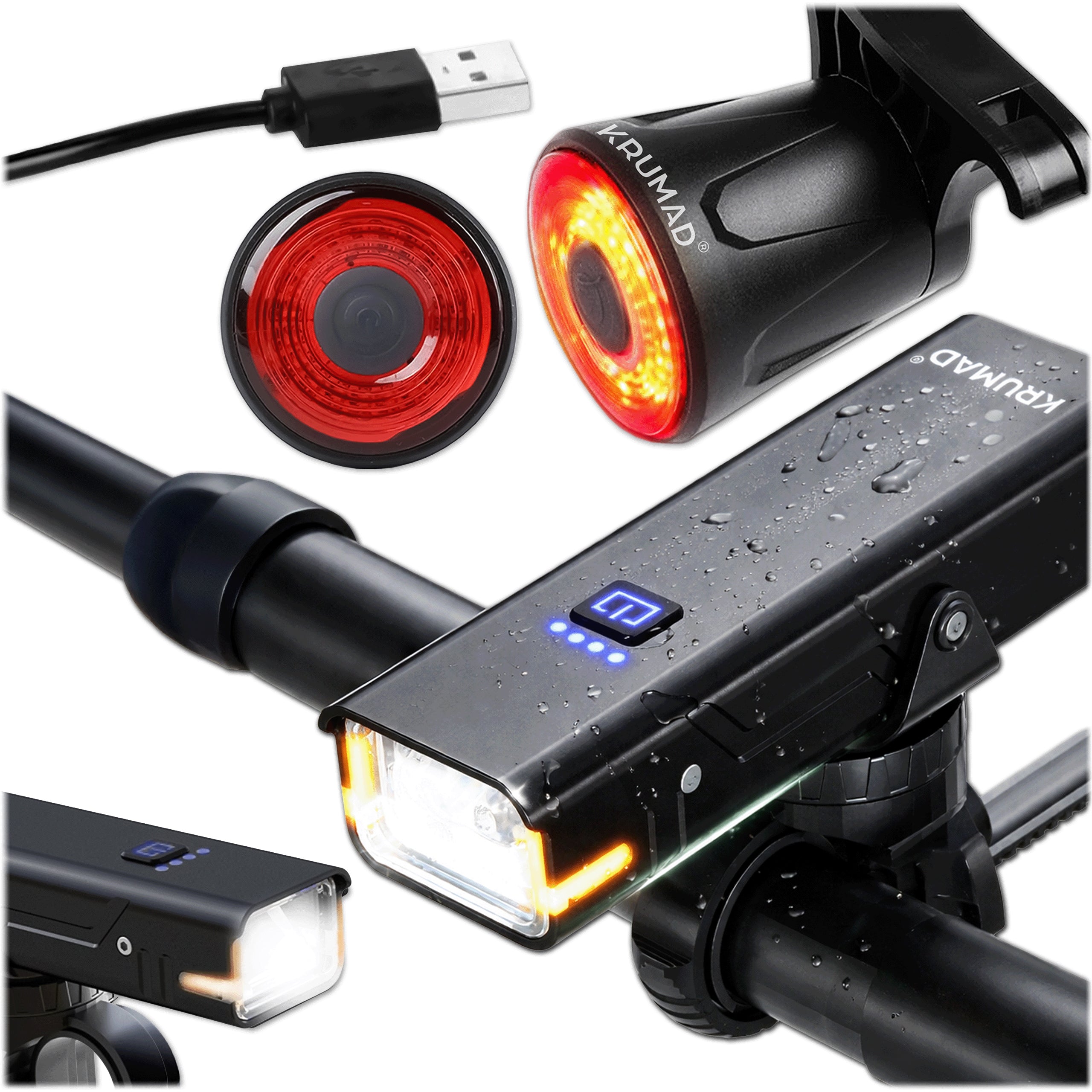BICYCLE LIGHT FRONT REAR LED FRONT REAR RECHARGEABLE FLASHLIGHT 2x USB