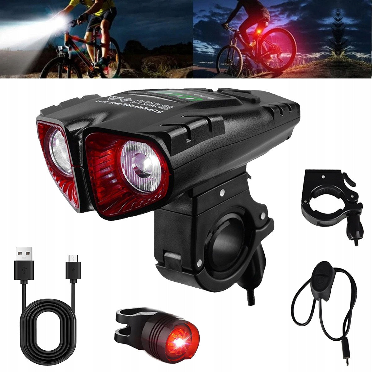 BICYCLE LIGHT FRONT REAR LED FRONT RECHARGEABLE USB LIGHT SET