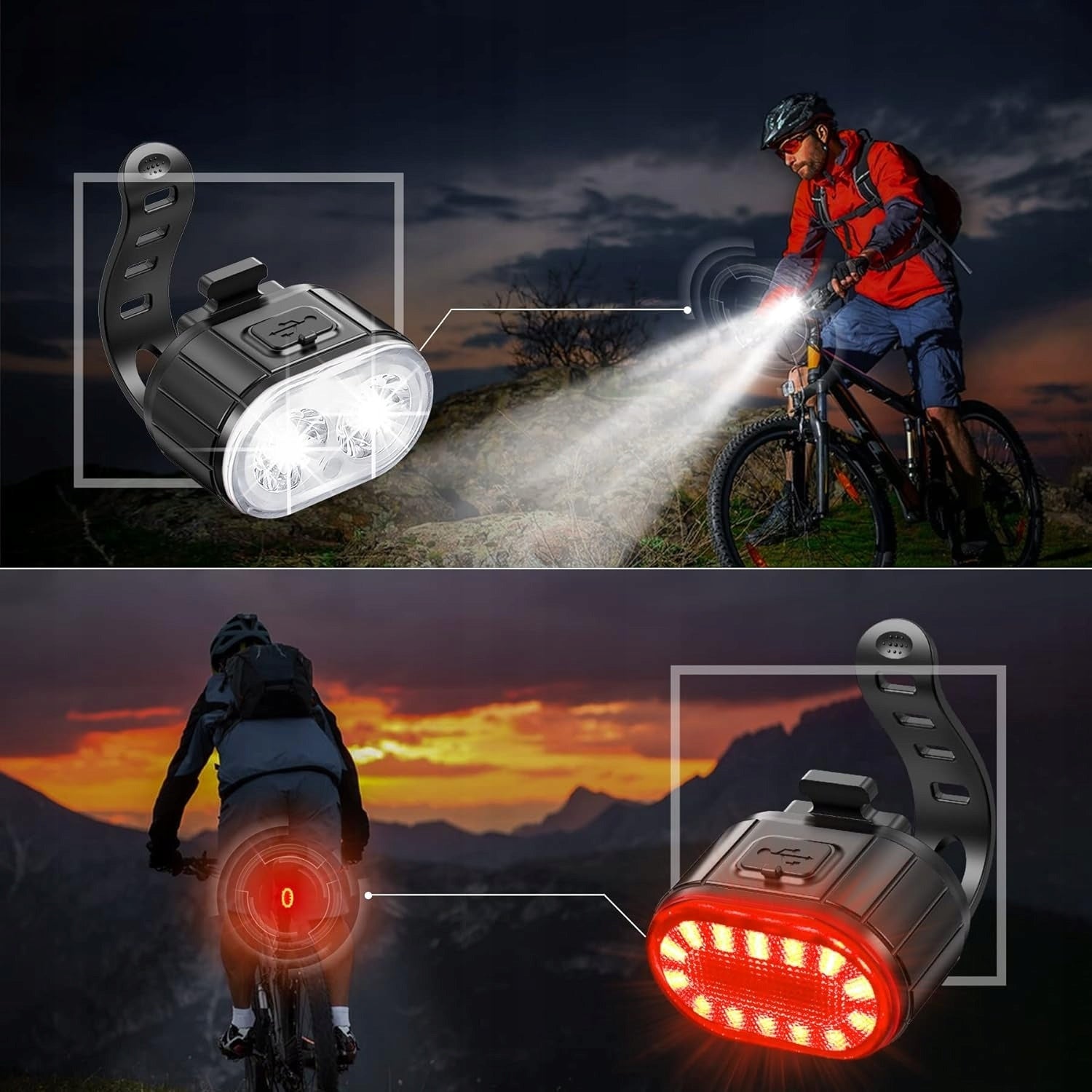 BICYCLE LIGHT FRONT REAR LED LIGHT FOR BICYCLE HANDLEBAR STRONG USB Manufacturer code LAMPKI ROWEROWE ZESTAW PRZÓD TYŁ LED