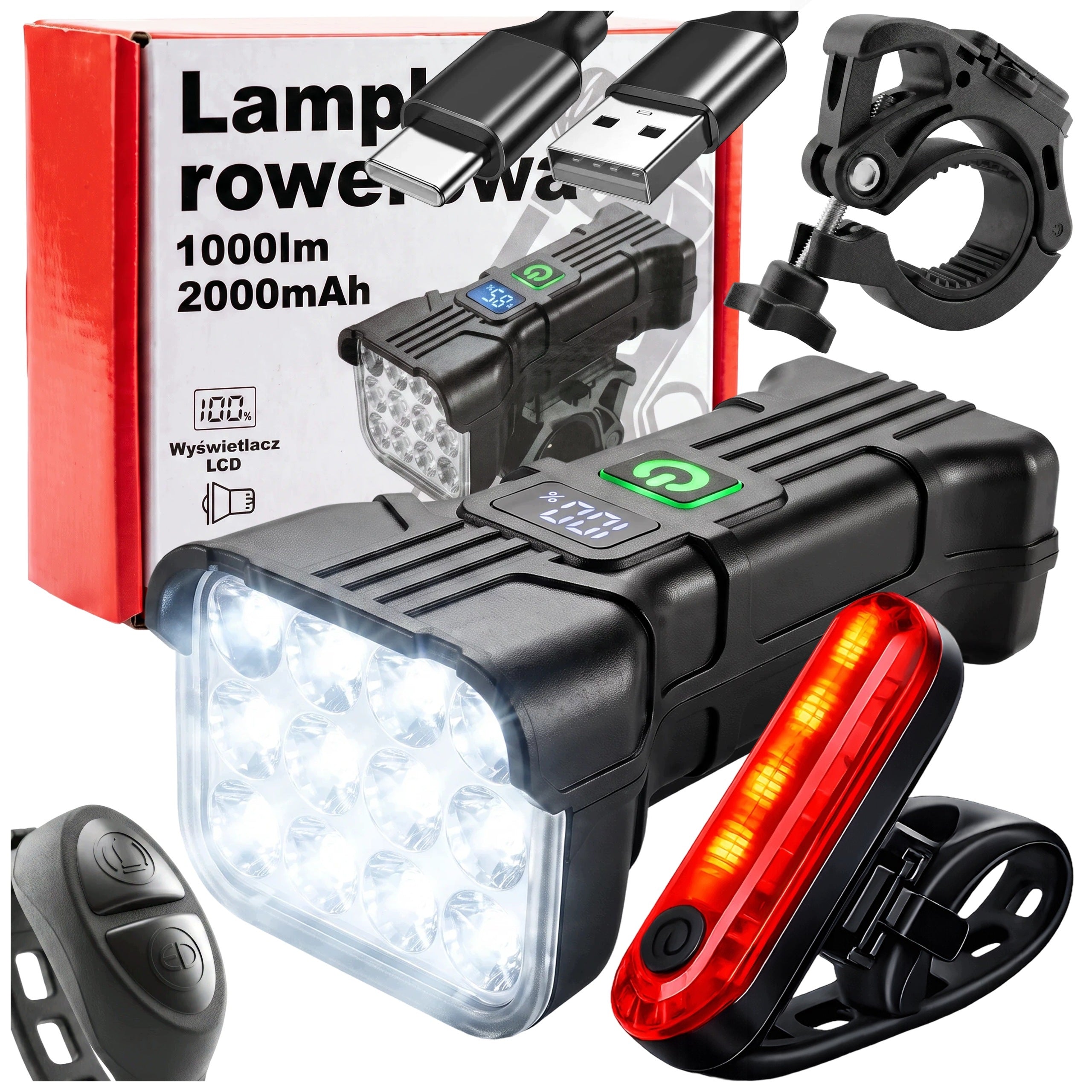 BICYCLE LIGHT FRONT REAR REMOTE CONTROL HORN 1000lm 2000mAh FOR BIKE