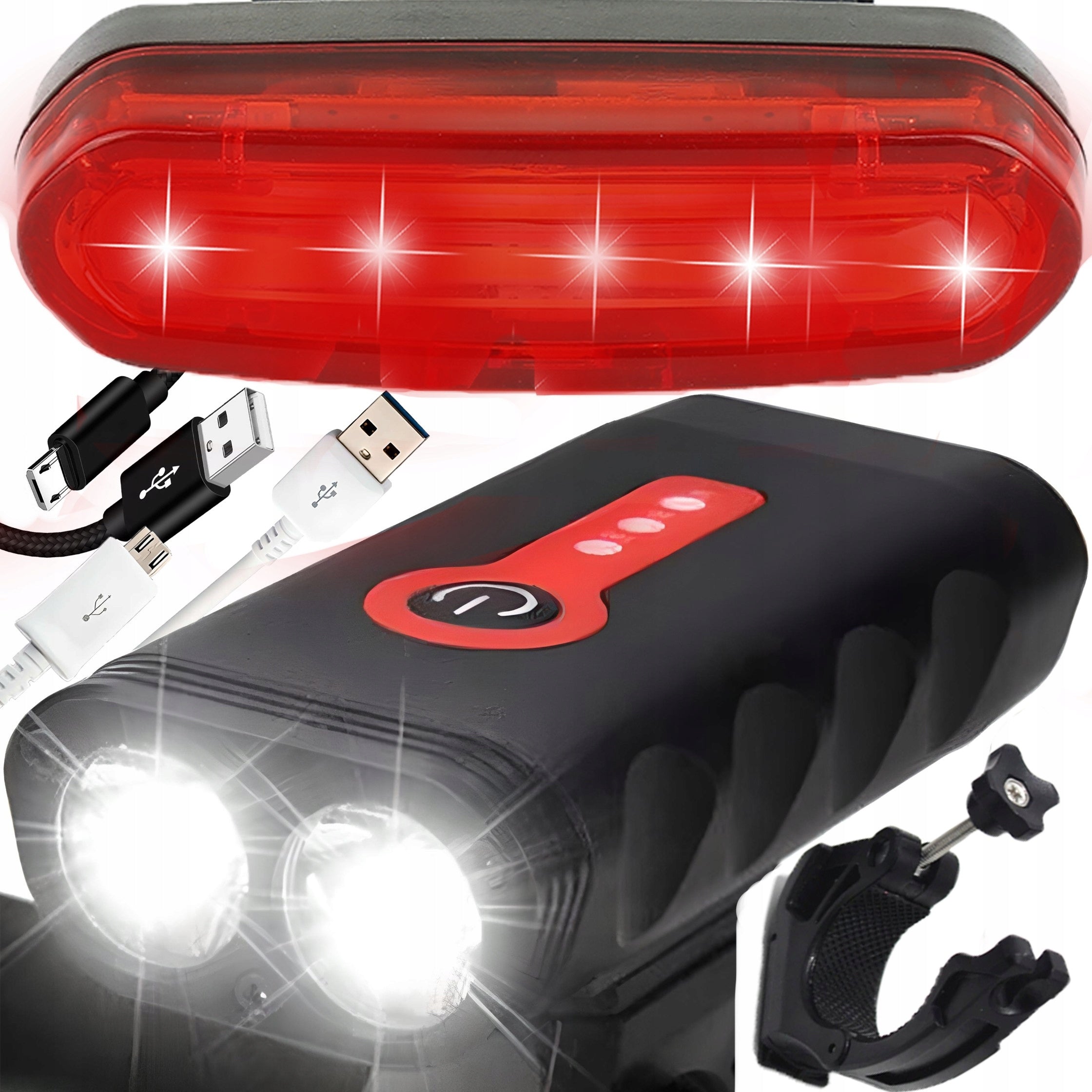 BICYCLE LIGHT FRONT REAR STRONG LED 1800LM RECHARGEABLE LIGHT SET Color black
