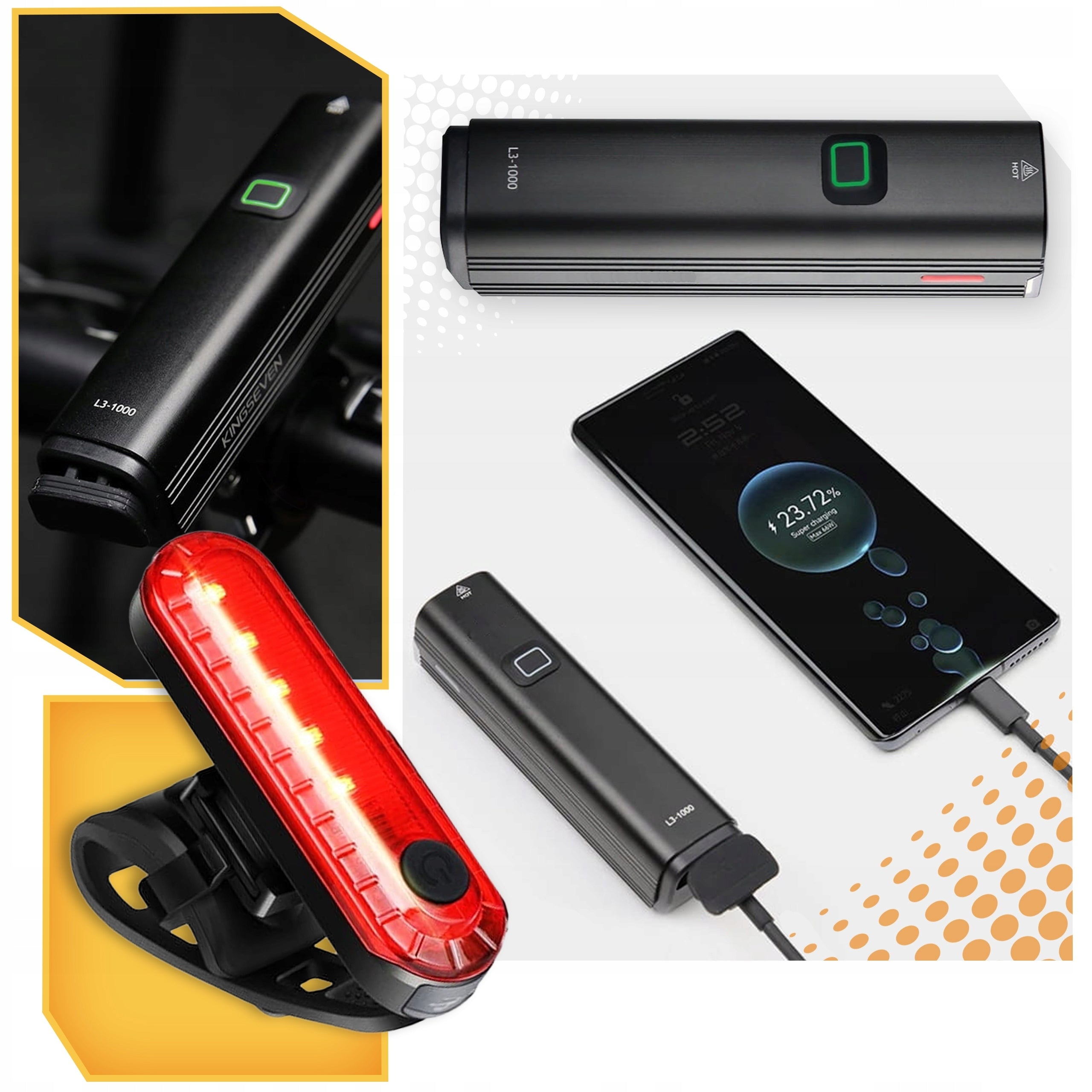 BICYCLE LIGHT LED REAR USB FRONT STRONG REAR BIKE SET Model Lampka LED TR 40 1000lm 4800mAh + 330mAh IPX6 PRO