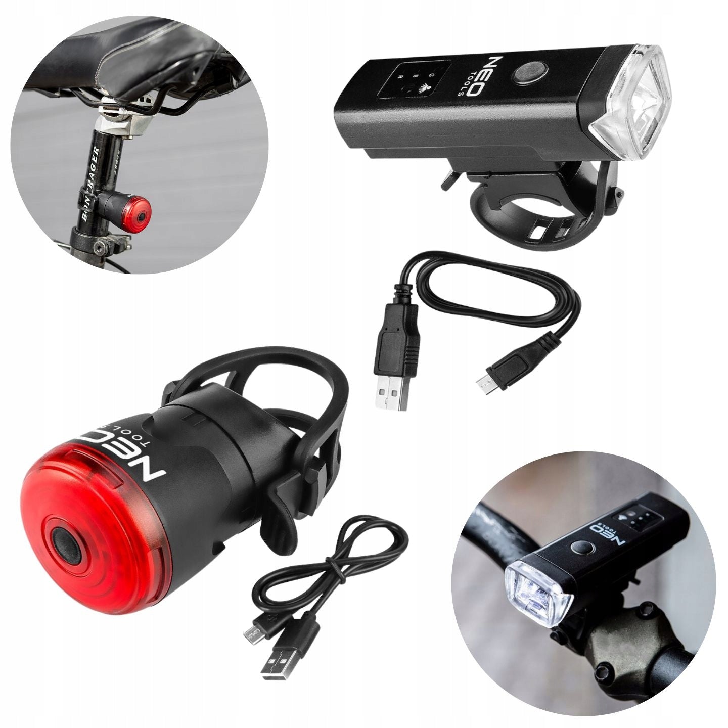 BICYCLE LIGHT LED USB FRONT REAR STOP SET NEO