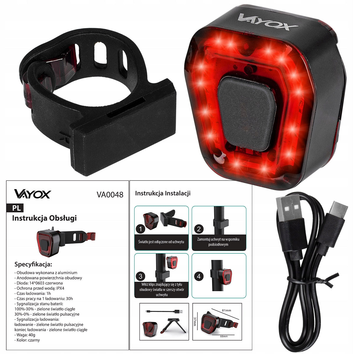 BICYCLE LIGHT REAR LED FOR BIKE LIGHT REAR USB RECHARGEABLE USB VAYOX Kind rear-facing