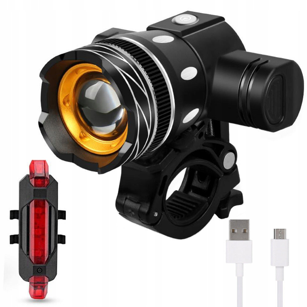 BICYCLE LIGHT SET LED CREE T6 FRONT REAR 3 ZOOM MODES AKU USB