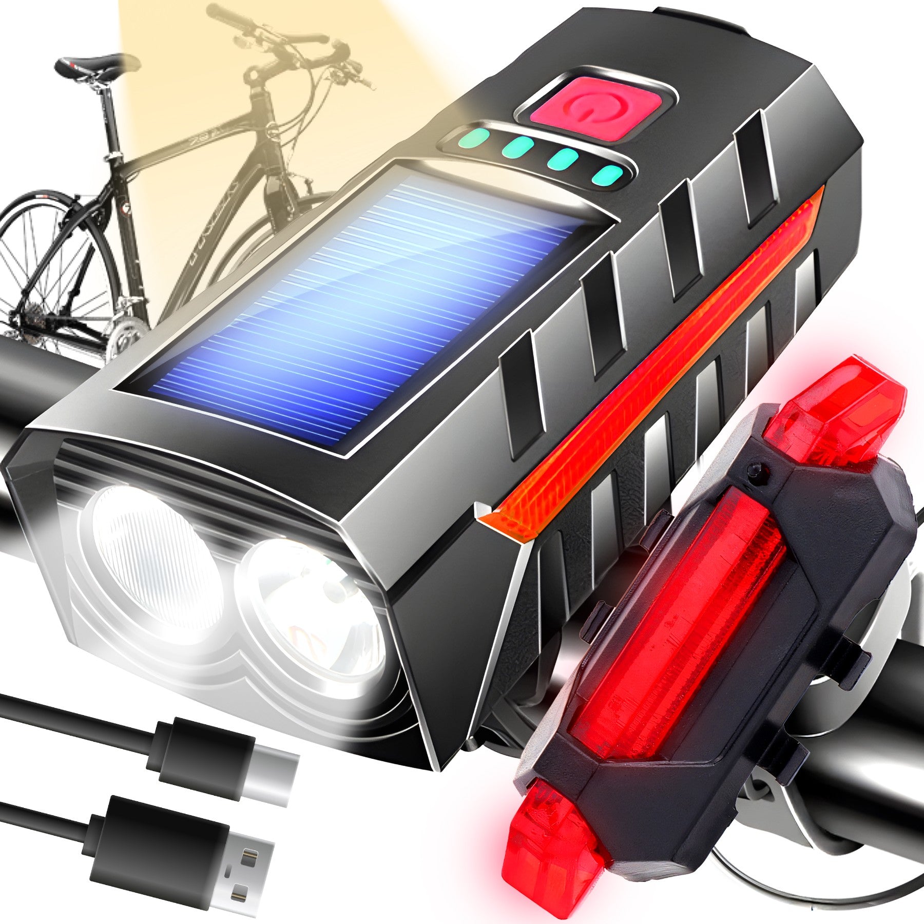 BICYCLE LIGHT SOLAR LIGHT FRONT REAR LED FOR BICYCLE HANDLEBAR + HORN Packaging status original