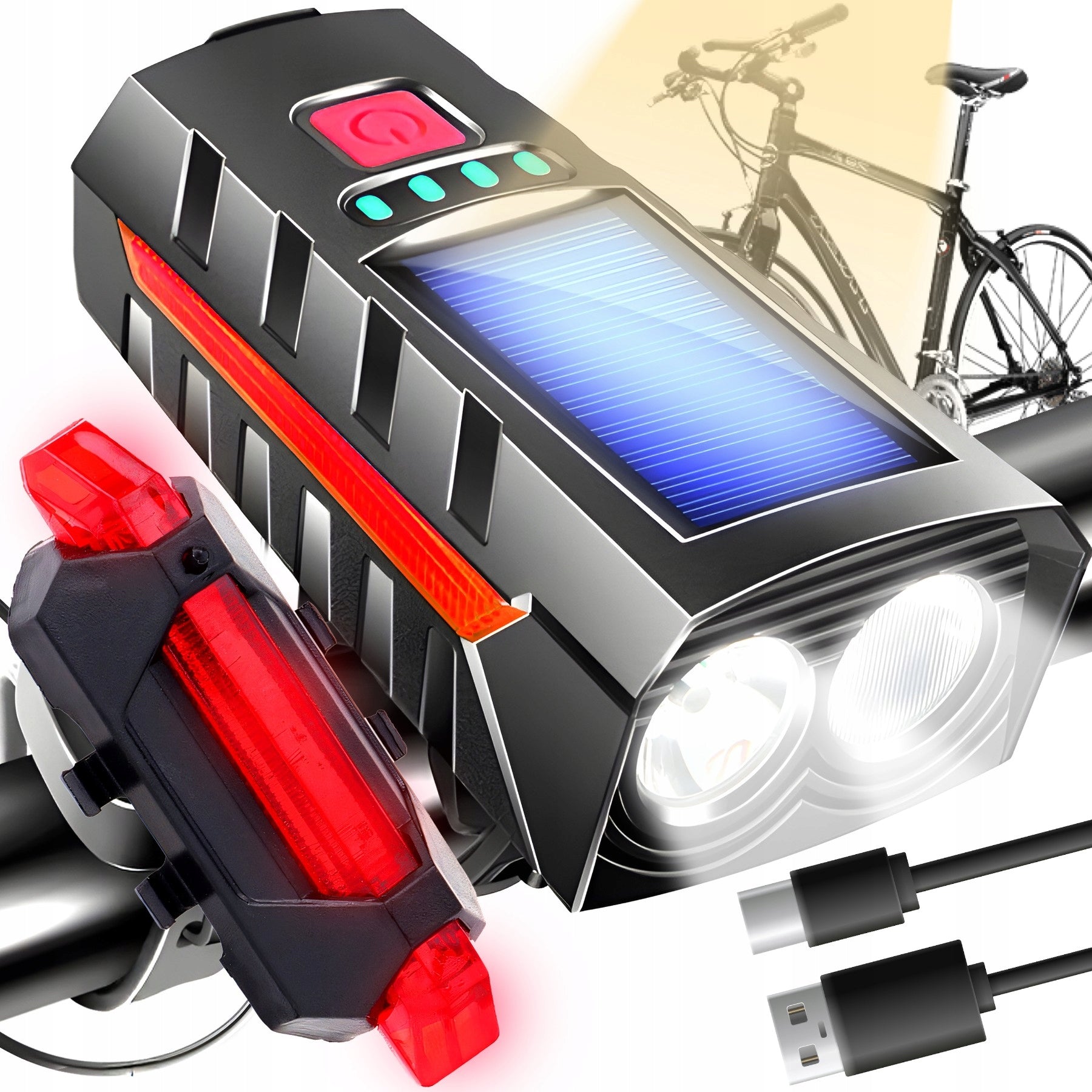 BICYCLE LIGHT SOLAR LIGHT FRONT REAR LED FOR BICYCLE HANDLEBAR + HORN